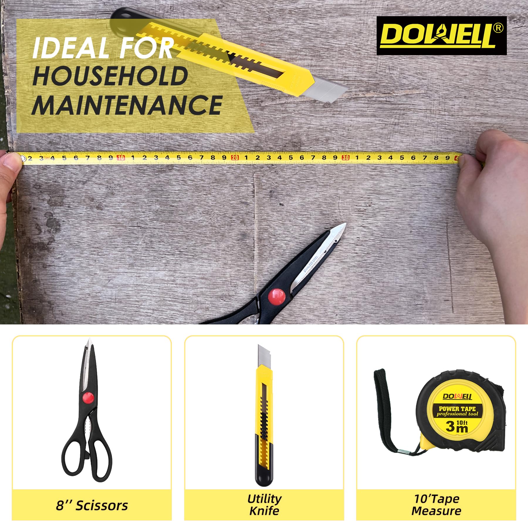 DOWELL 40 Piece Home Tool Set Yellow, General Household Hand Tool Kit with Plastic Toolbox Storage Case, Mini Repair Tool kit for Women, College Students, Home Use & More