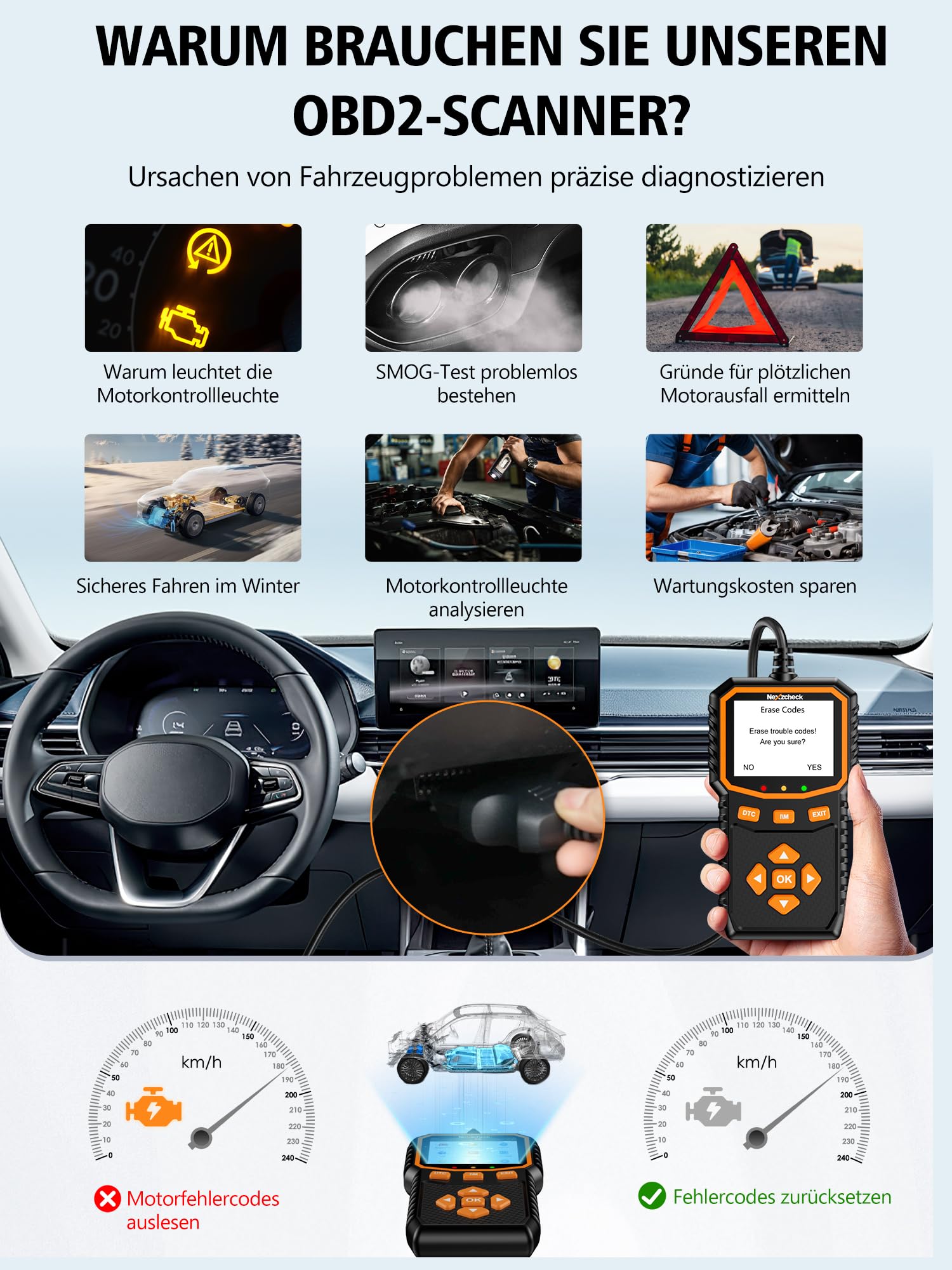 OBD2 Diagnosegerät OBD Auto Adapter: EOBD Auto Diagnose mit Vollständigen OBD-II Funktionen Motor Fehlerauslesegerät für BMW VW Mercedes Audi KFZ Diagnosegerät Deutsch für Alle OBD2 Scanner Fahrzeuge