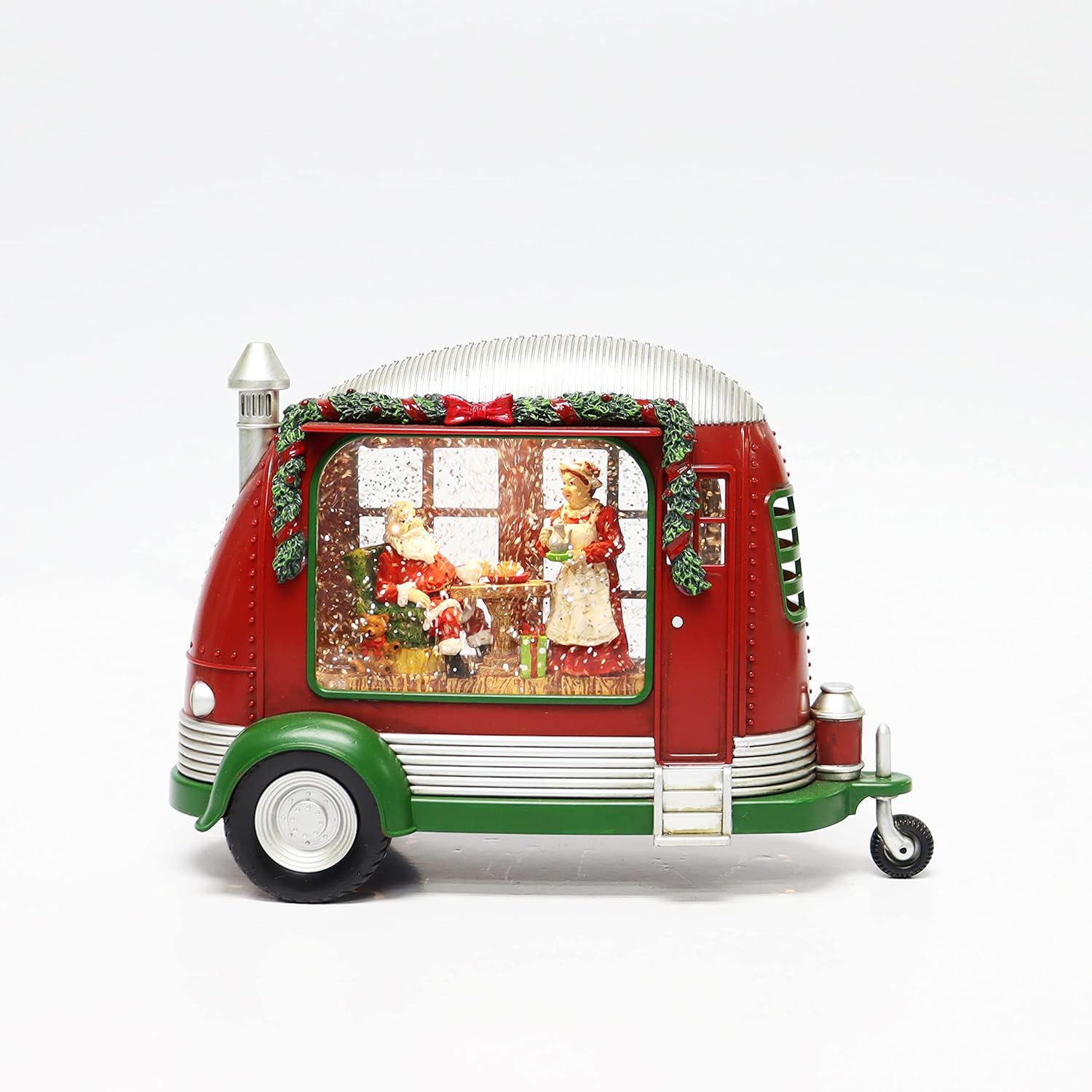 Christmas Tabletop Decor, Snow Globe Water Spinning LED Lighted Christmas Trailer with Santa Claus and Mrs. Claus, Battery Operated (not Included) (6.8" H x 11.4" W x 4.4" D) by Moments in Time