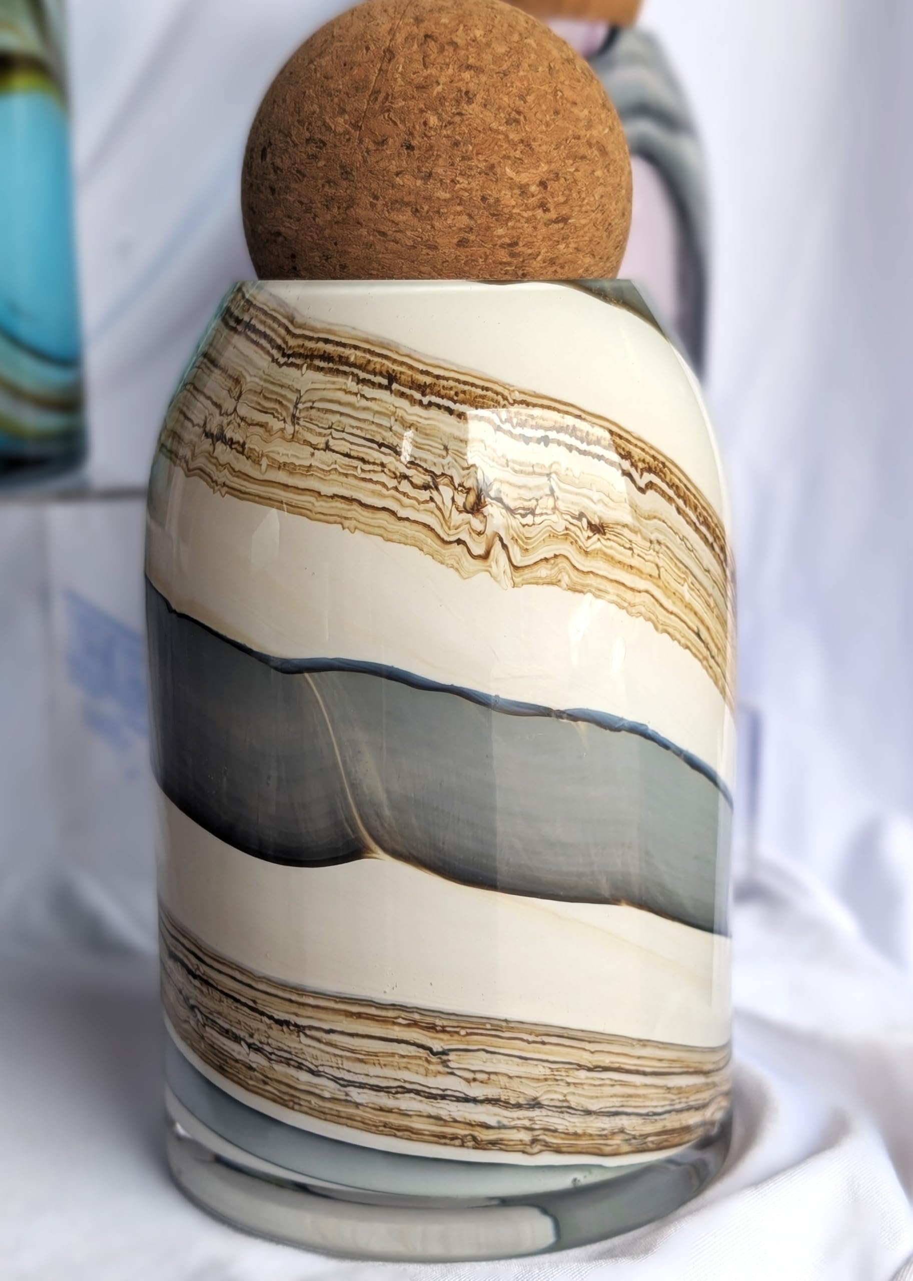 Amelia Art Glass Beige, Grey, Blue, Green Mouth Blown Glass Storage Jar With Cork Ball Lid, Decorative Kitchen Container - Smoked Meadows
