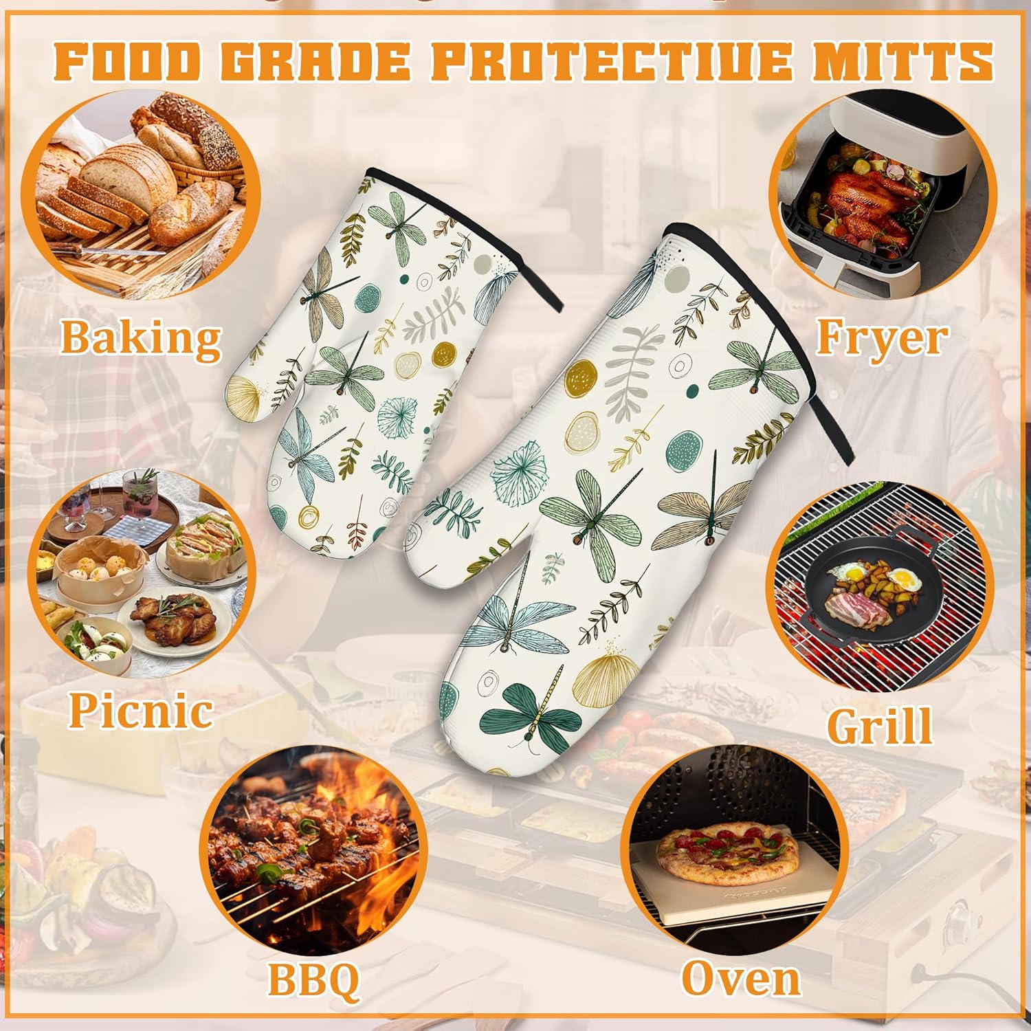 Vintage Dragonfly Oven Mitts and Pot Holders,Boho Heat Resistant Oven Mitts Gloves and Pot Holder for Home Kitchen Decorations Cooking Baking BBQ Gifts,Set of 4 - Image 5