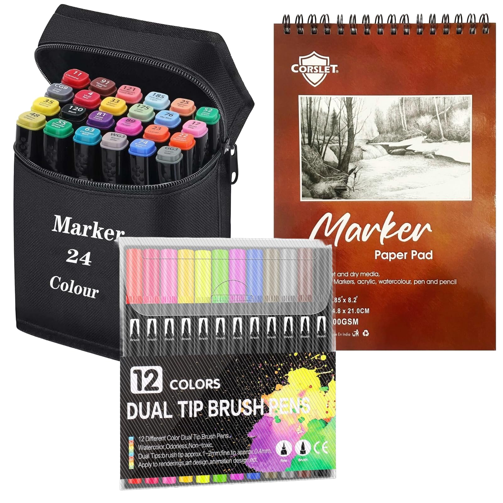 Corslet 37-Piece Art Set – Includes 24 Dual Tip Alcohol Markers, 12 Dual Tip Brush Pens, and 1 Bleedproof Marker Pad – Ideal for Drawing, Sketching, Coloring, and Art Projects – Suitable for All Ages
