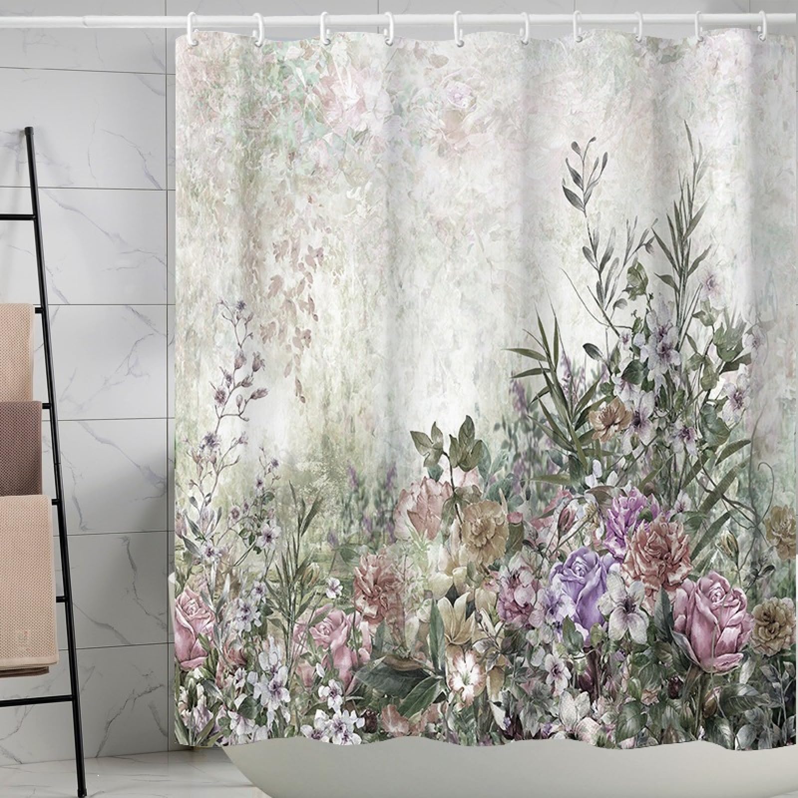 Shower Curtains Retro Green Plants Wet Room Shower Curtain Mould Proof Resistant Waterproof Polyster Fabric Washable with 12 Hooks Garden Bathroom Curtains (180x220cm)