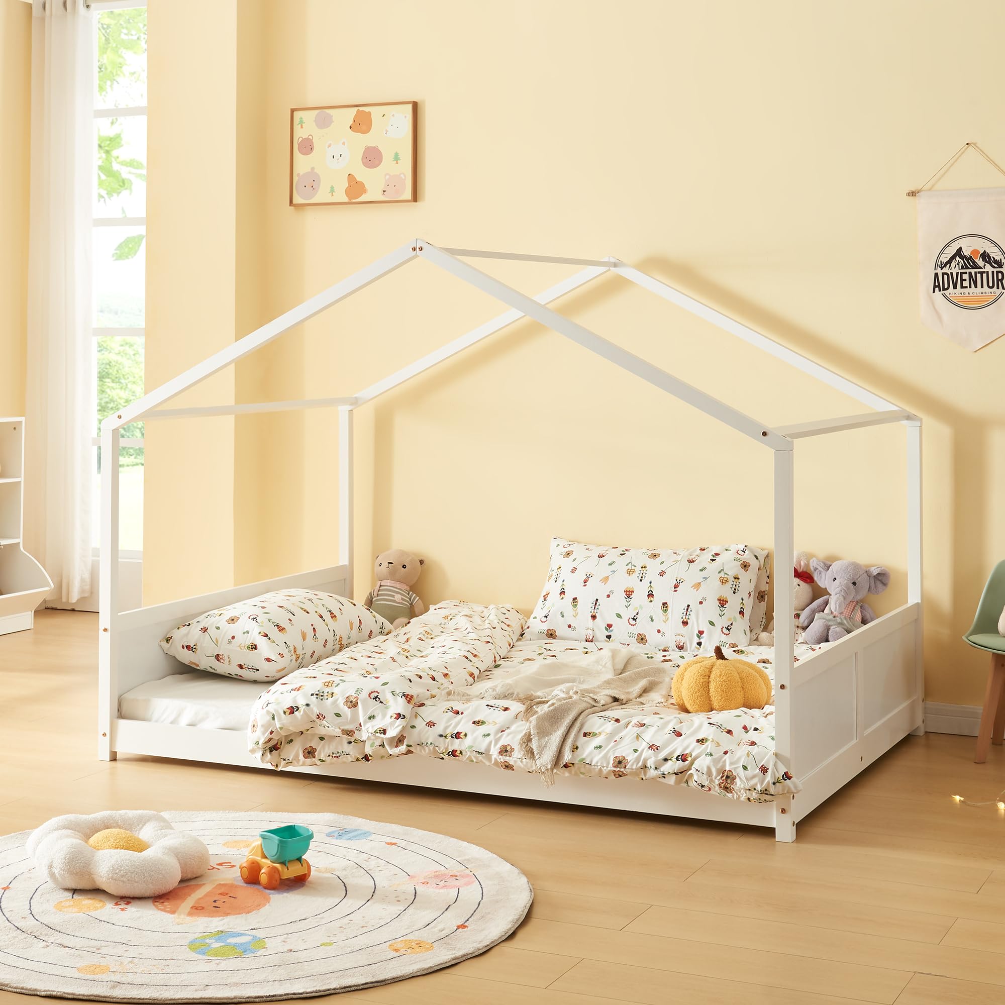 [en.​casa] Lit Cabane d'enfant en Forme de Maison Lit Simple avec Sommier à Lattes Style Scandinave Capacité de Charge 180 kg Bois de Pin Contreplaqué 120 x 200 cm Blanc