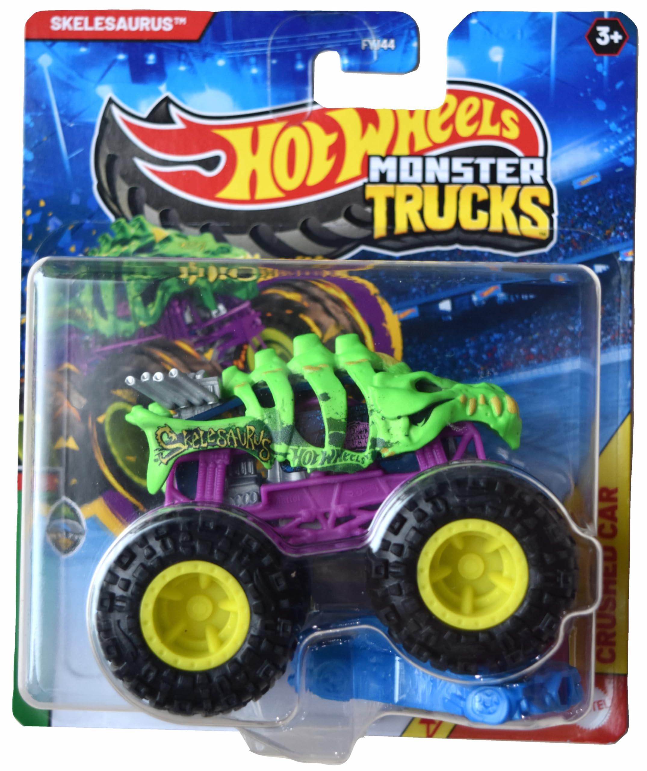 Hot Wheels Monster Trucks Skelesaurus, Beast Bashers 2/6 Includes Crushed Car