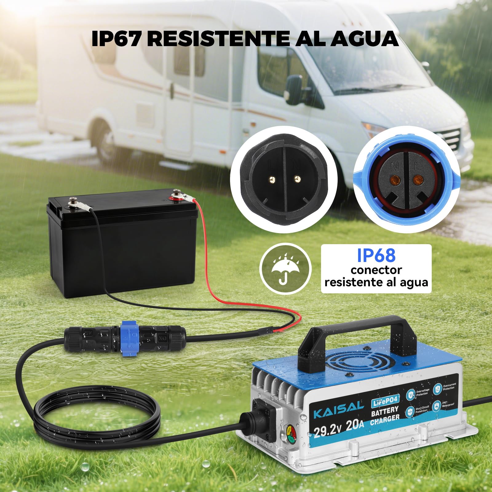 KAISAL 29.2V 20A Cargador de Bateria Litio, Cargador de Baterías LiFePO4 para 24V(25.6V) Batería Litio, Impermeable IP67, 24V Cargador Inteligente para Carrito de Golf, Autocaravanas, Barcos, Solar