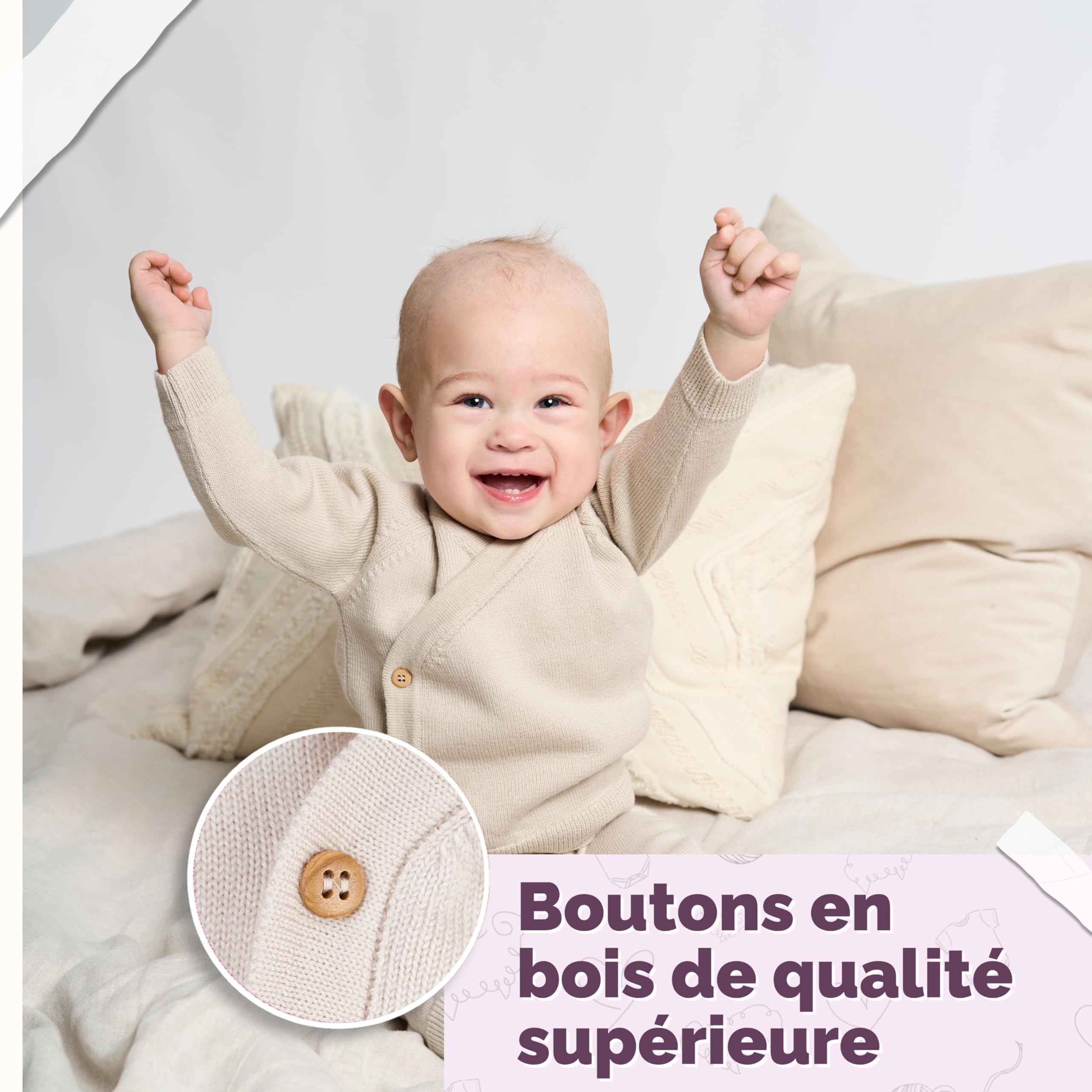 Livella Ensemble Bébé 100% Laine Mérinos - Pantalon & Cache-cœur Évolutif - Tailles 50-74 - Vieux Rose & Crème - Lavable en Machine