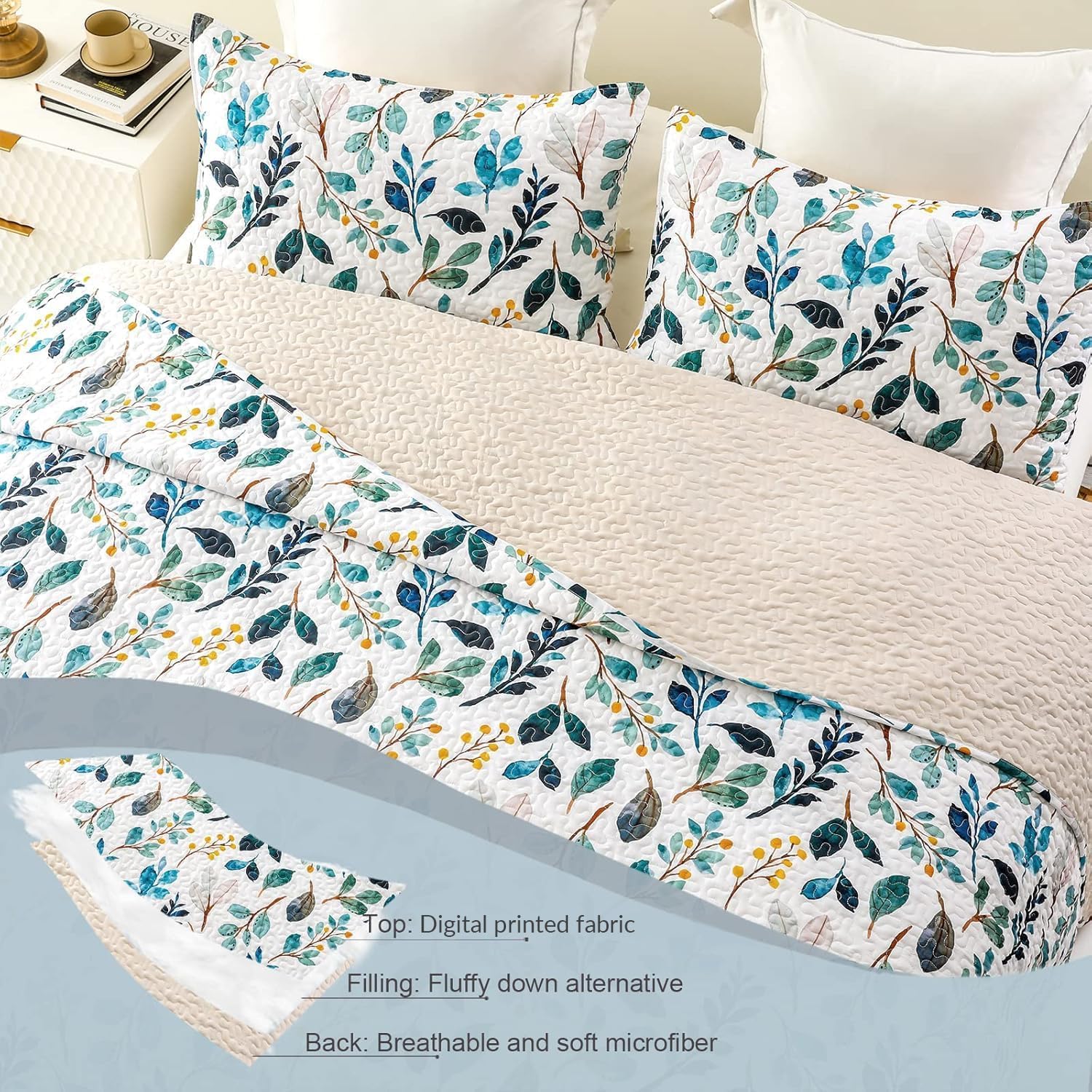 Whale Flotilla Couvre-lit 240 x 260 cm, Dessus de Lit 2 Personnes avec Motif Imprimé, jeté de lit Léger avec 2 Taies d'oreiller pour Toutes Les Saisons, Fleurs Bleu