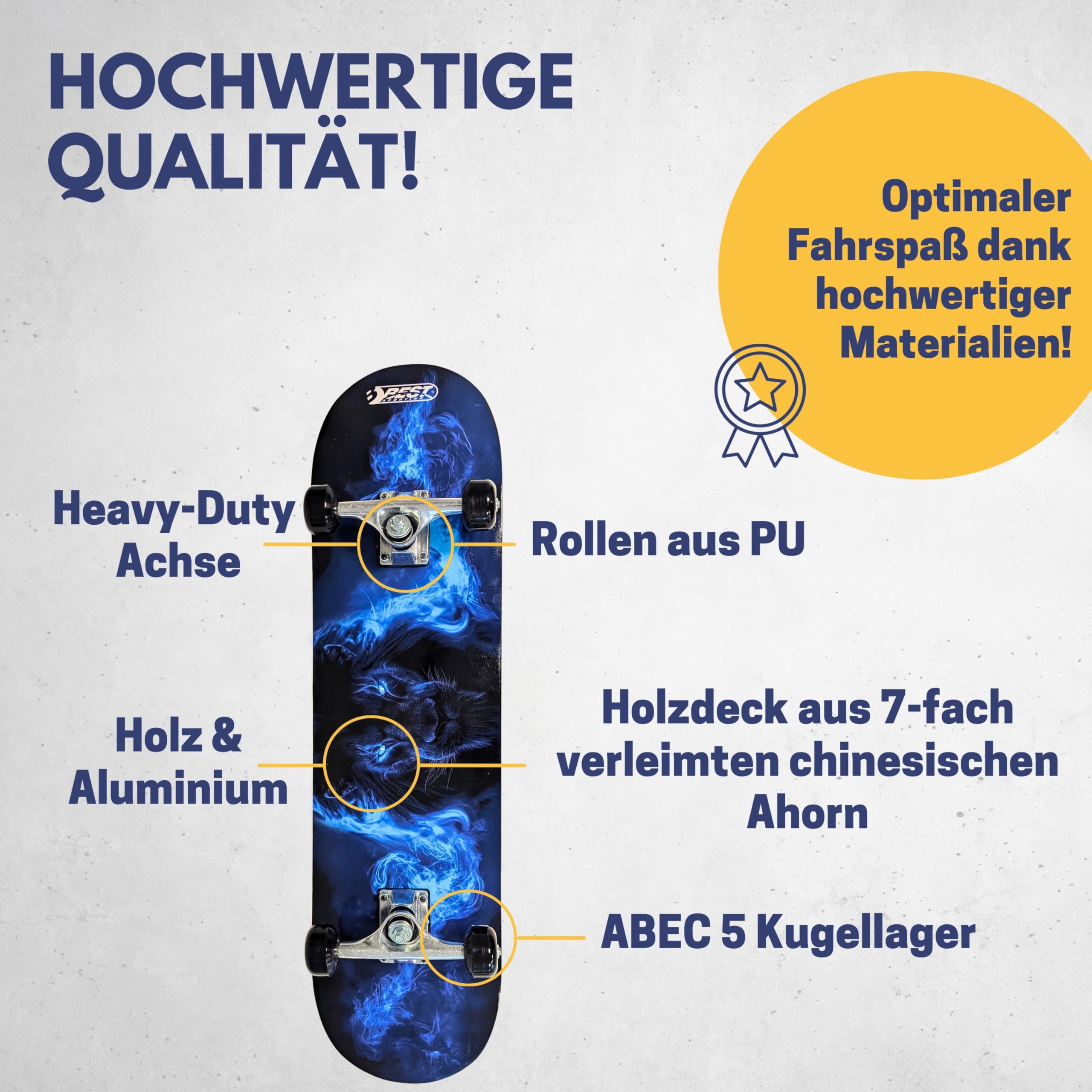 BEST SPORTING Skateboard Lion - Planche en bois robuste et roulements ABEC 5 pour débutants et confirmés - Skateboard Lion