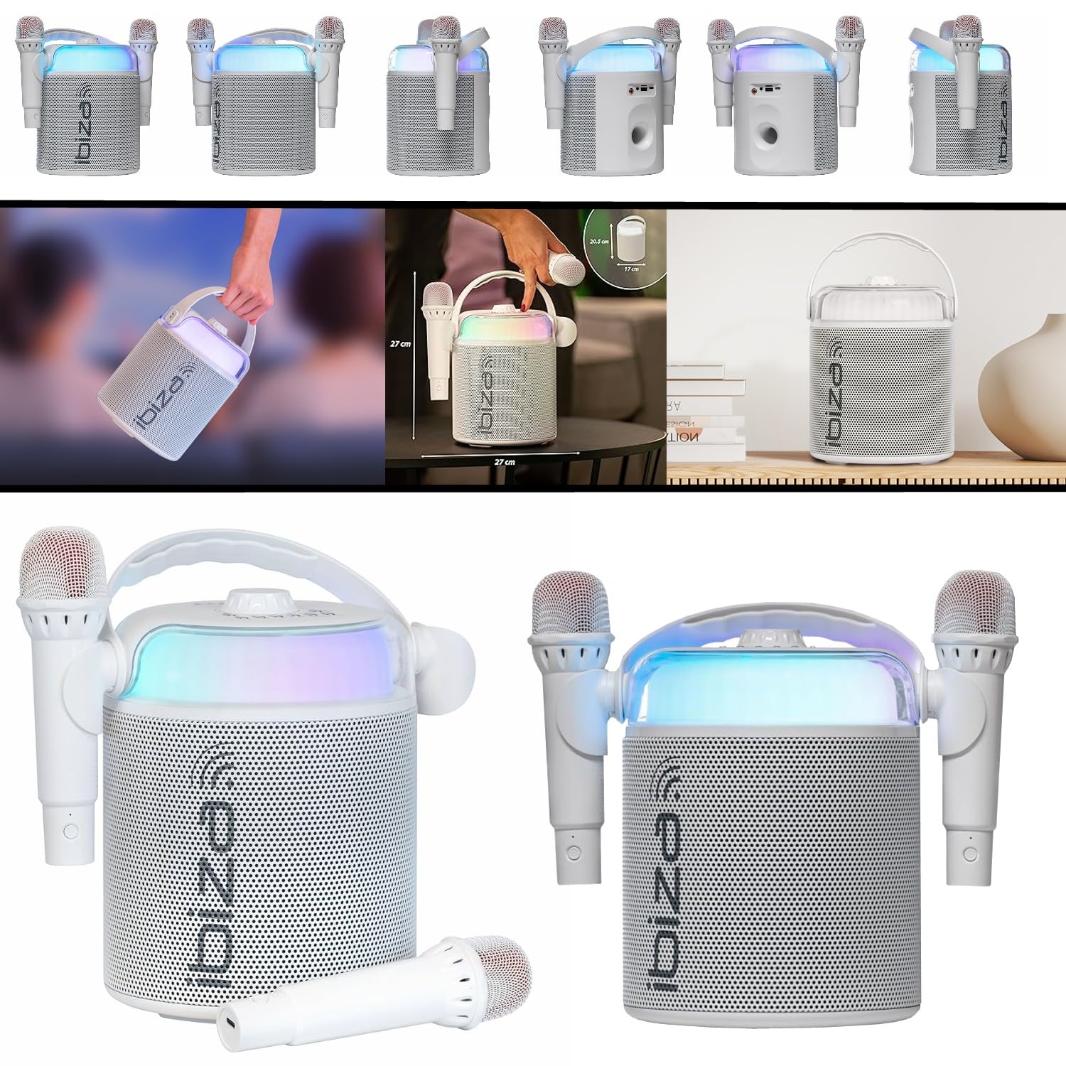 Ibiza Sound - Pack Karaoké Enceinte Portable Bluetooth sans Fil KARAHOME-WH 120W USB SD 2 micros - Boule Disco LEDs RGB Astro-BALL8 Enfant