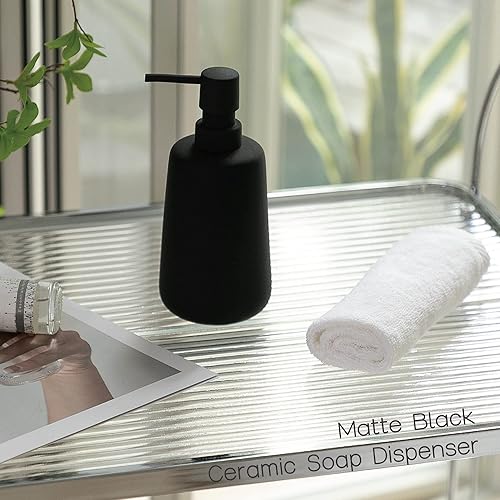 Miniatura 5 de Dispensador de jabón de cerámica negro mate, dispensador recargable de encimera de baño o cocina de 13 onzas con revestimiento de goma suave al tacto