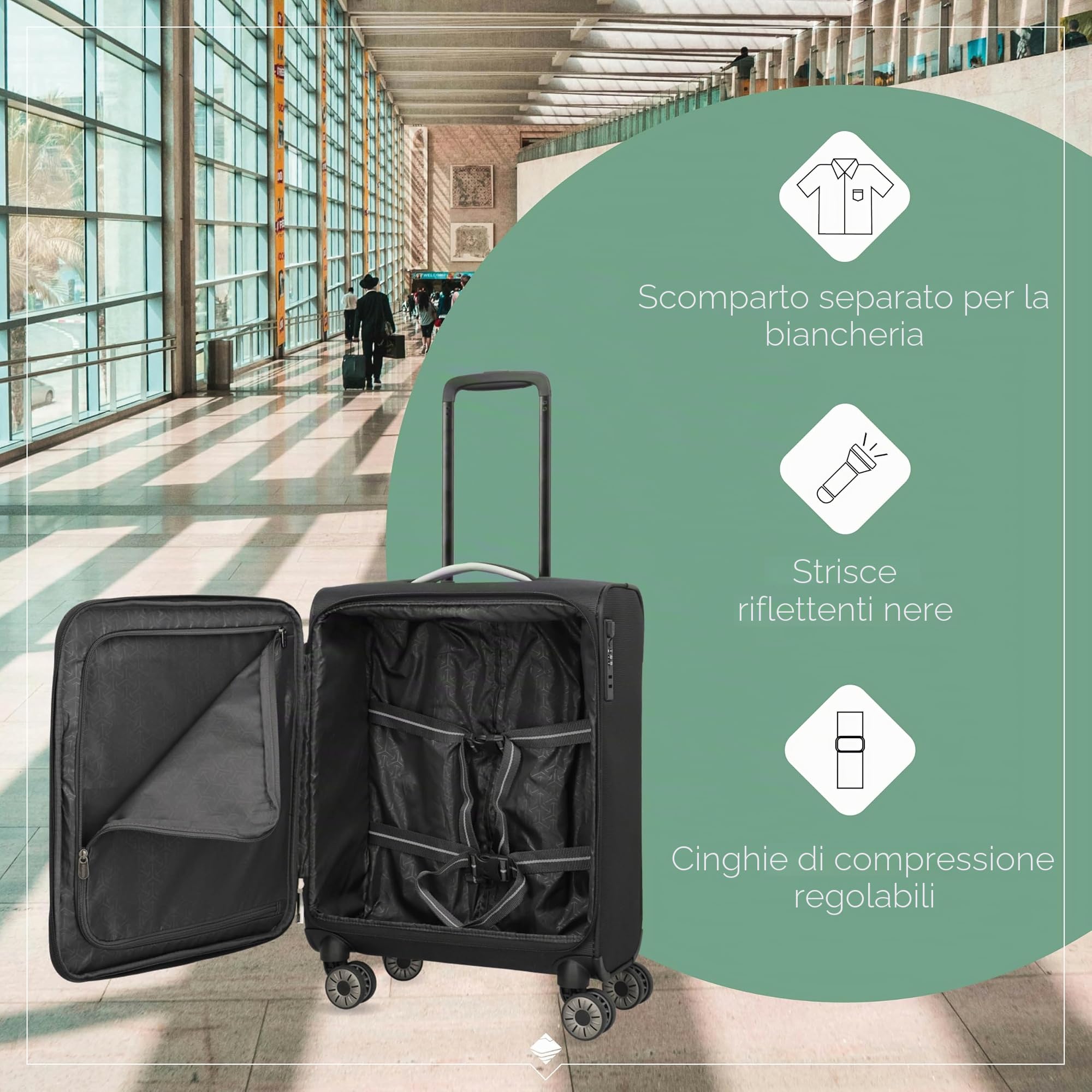 travelite valigia a mano con 4 rotelle per Condor + Ryanair, serratura a combinazione integrata, trolley morbido superleggero con funzione di aggancio, 55x40x20 cm, 37 l, 1,9 kg