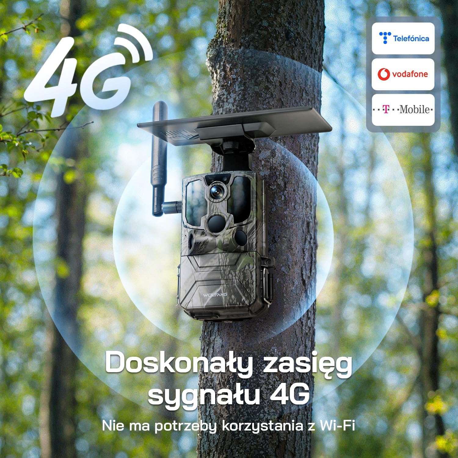 WOLFANG 4G LTE Wildlife Solarcamera 2.5K, Trailcamera met Uitstekend Nachtzicht, 0,2 s Activeringstijd, IP66 Waterdicht, Voor Wildlife Monitoring met Micro SD-kaar i SIM