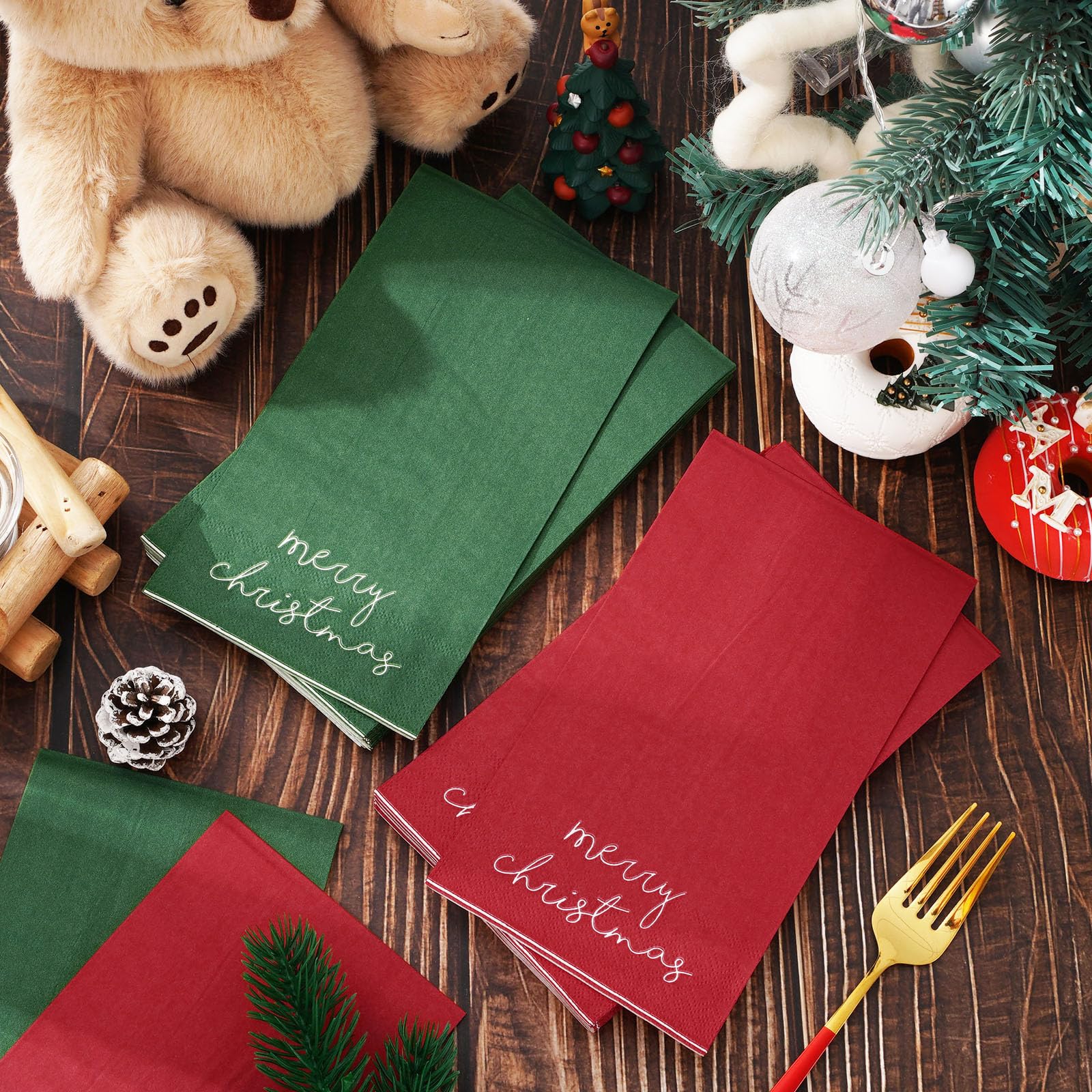 Whaline Lot de 200 serviettes de table jetables en papier pour invités de Noël Rouge/vert