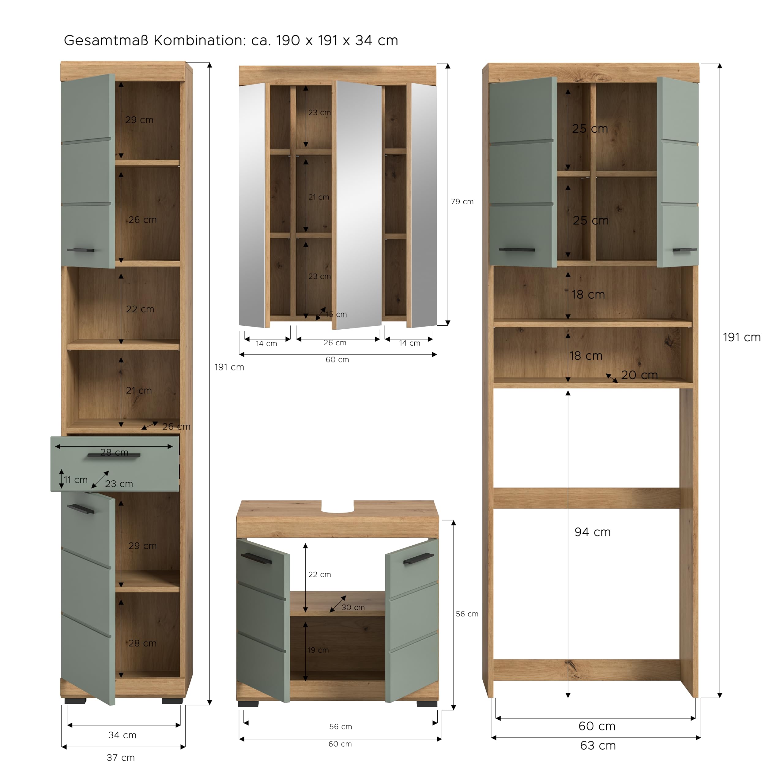 Furnling Scott Badmöbel Set 2-teilig - Spiegelschrank Mit Waschbeckenunterschrank Salbei/Eiche