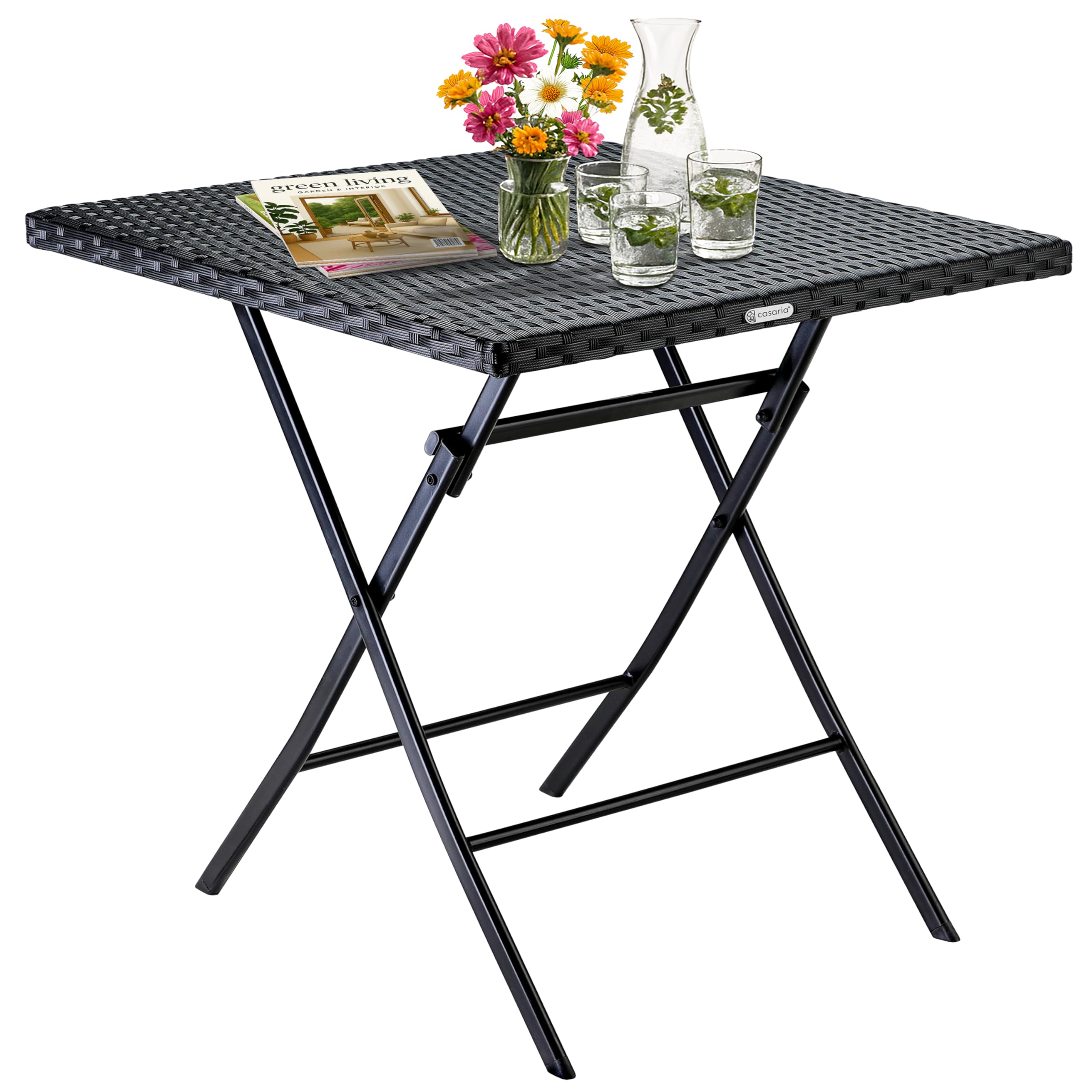 CASARIA® Rome Polyrattan Folding Garden Table 65x65cm | Weatherproof | 60kg Load Capacity | Space Saving Outdoor Modern Patio Balcony Portable Camping Foldable Side Table | Black