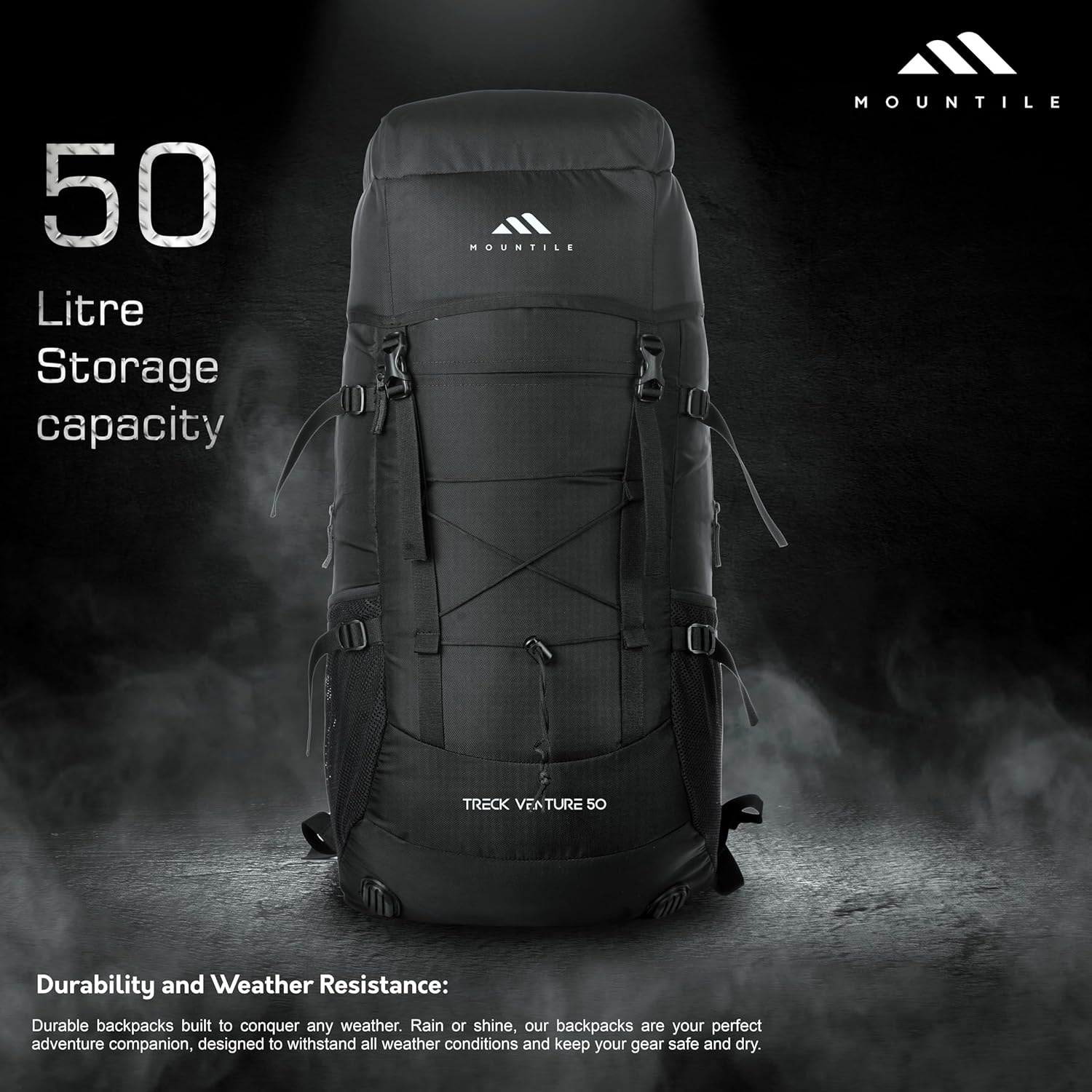 50L Travel Backpack for Hiking Trekking Camping, Rucksack with Rain Cover and Laptop Compartment - MTL03, BLACK, XL, Modern
