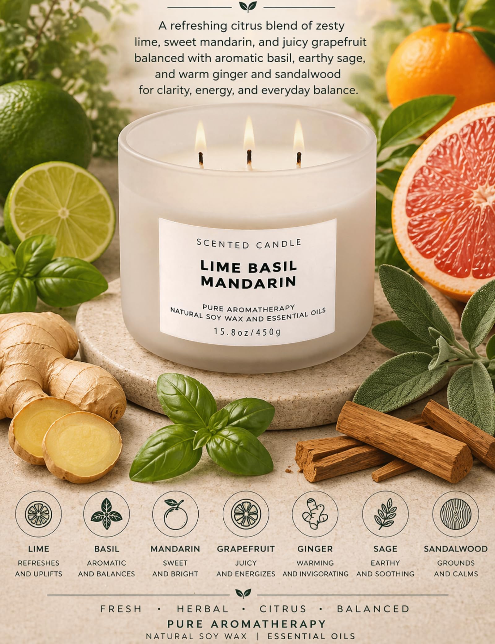 Candela di soia con 3 stoppini al lime, basilico e mandarino, candela profumata per la casa, fragranza pulita e a lunga durata, fragranza di erbe fresche e agrumi, pronta per il regalo
