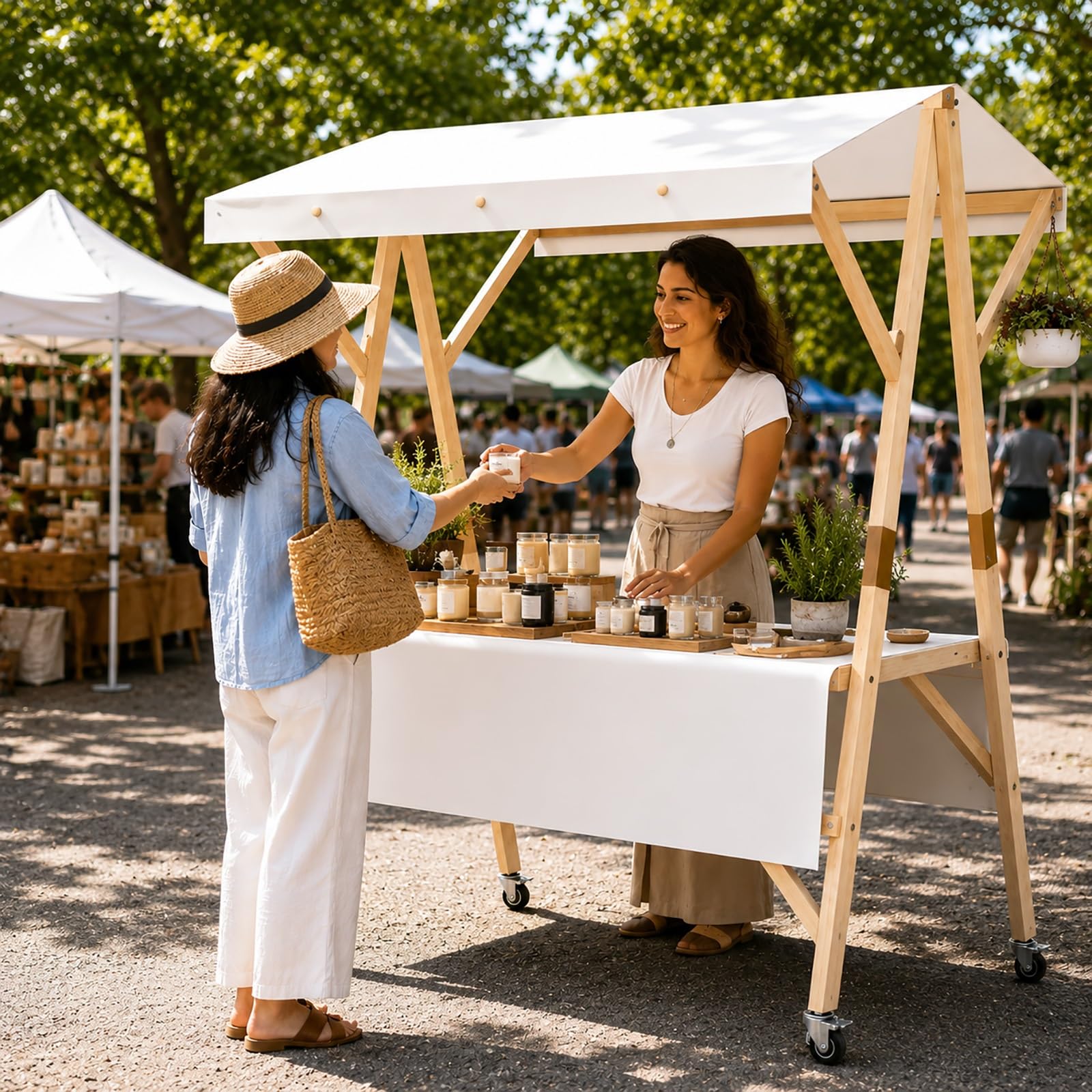 SBCWH Portable Wooden Market Stand with Canopy, Folding Vendor Cart on Wheels, Outdoor Farmers Booth, Lemonade Stall for Street Fairs, Events(White,150x60x200cm)