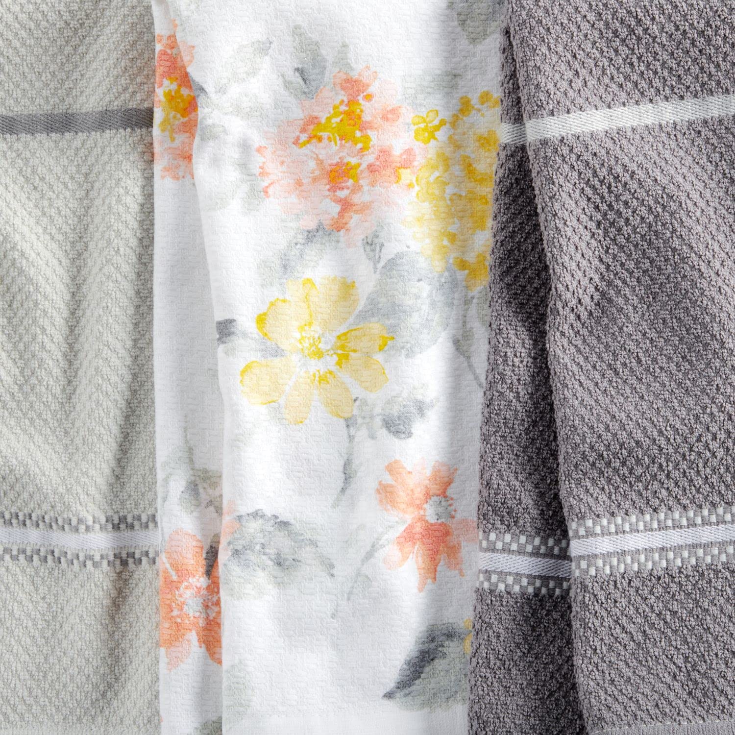 Martha Stewart Lot de 4 torchons de Cuisine à Motif Floral ambré, Jaune/Corail, 40,6 x 71,1 cm