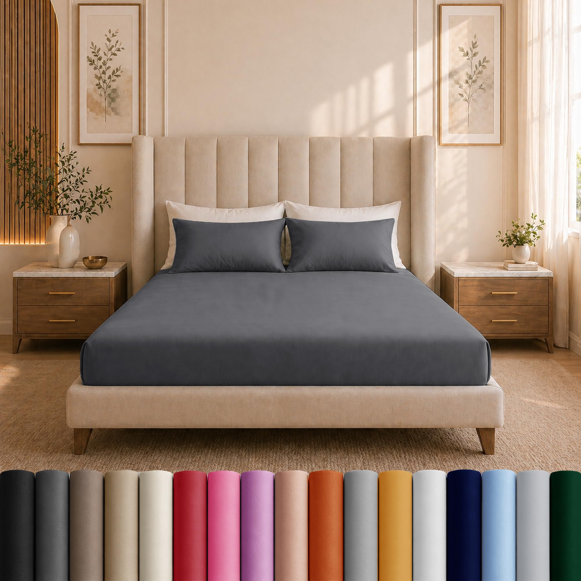 Moonlight Bedding Charcoal / Dark Grey King Size Fitted Sheets - 25Cm Deep King Fitted Bed Sheets - Soft Brushed Fabric Shrinkage, Wrinkle Free And Fade Resistant Easy Care Bed Sheet (152 X 200 Cm)