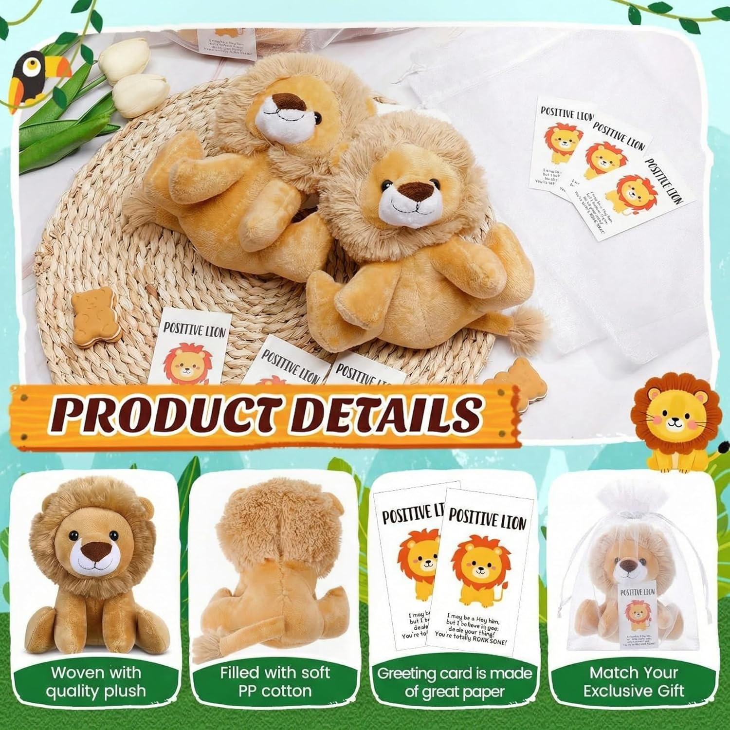 12 Set Lion Plush 6 Inches with Organza Bag and Cards Cuddly Lion Stuffed Animal Small Stuffed Animals Bulk for Birthday Favors Gifts Forest Decor Birthday