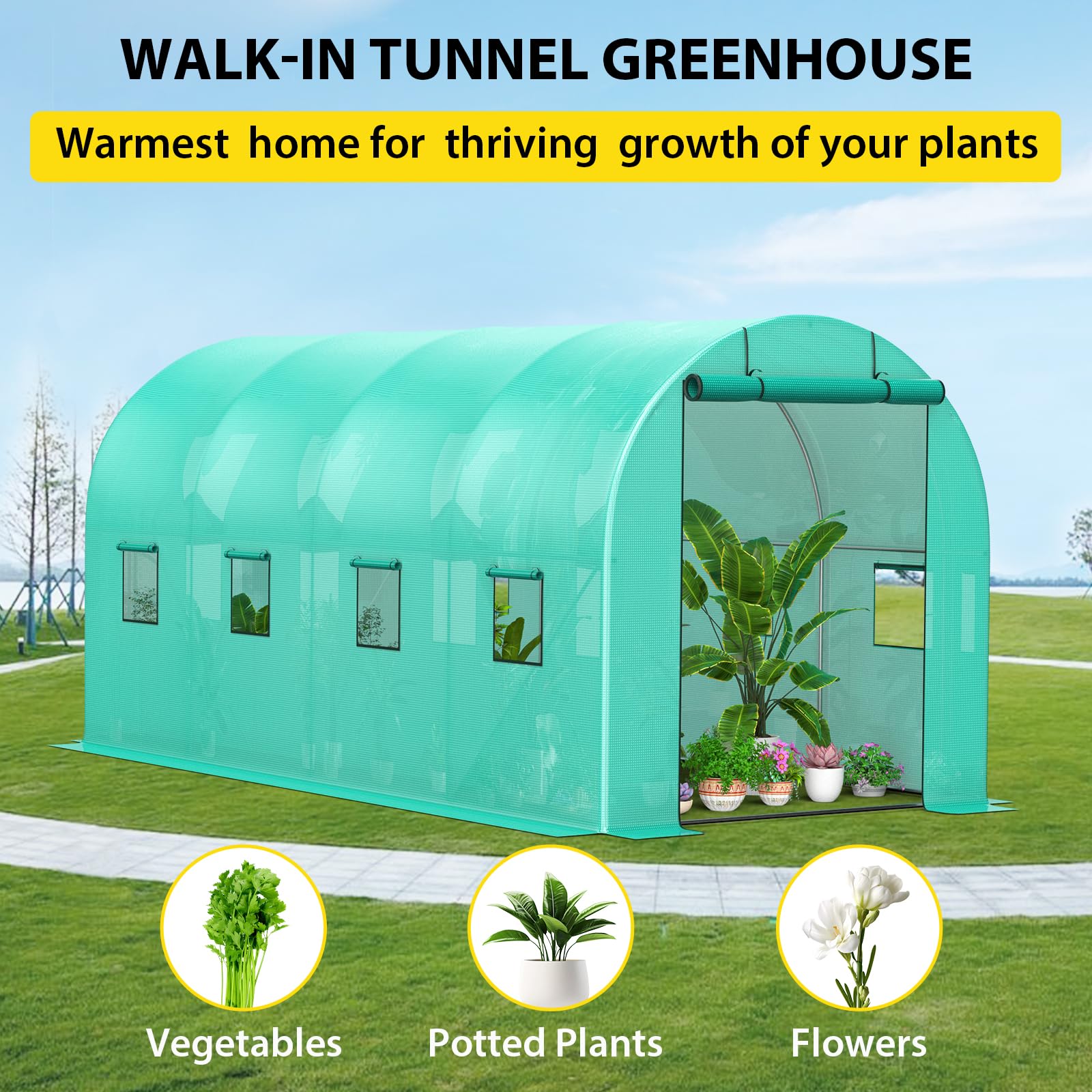 Invernadero túnel de jardinería - 15x7x7 pies con Estructura galvanizada - Cubierta PE Verde Resistente, Puerta Enrollable y 8 Ventanas con Malla - Ideal para Cultivo al Aire Libre /