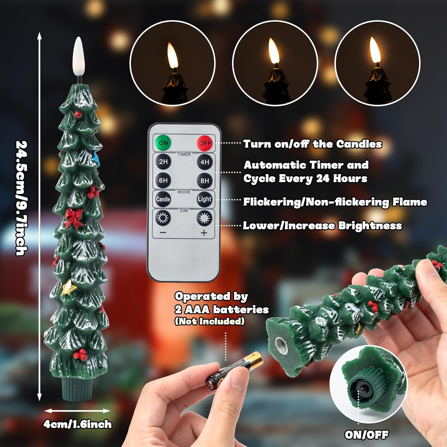 Christmas Tree Flameless Taper Candle - 4PCS Xmas Waxy Led Candle Stick with Remote and Timer, Christmas Tree Candlestick Light Flickering Decoration, 3D Wick Wax Candlelight for Fireplace