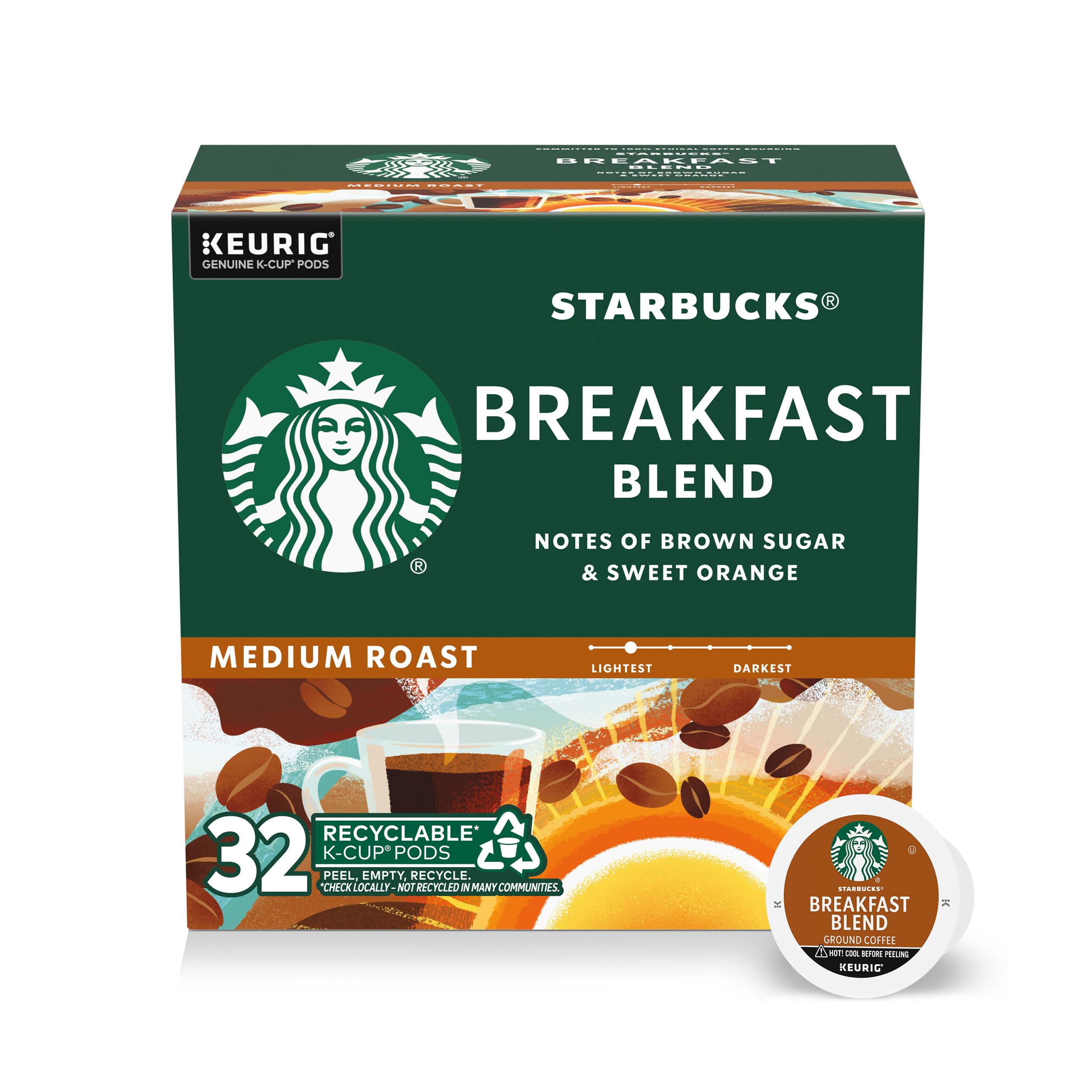 Starbucks K-Cup Coffee Pods, Medium Roast Hot or Iced Coffee, Breakfast Blend, 32 Keurig Pods ​