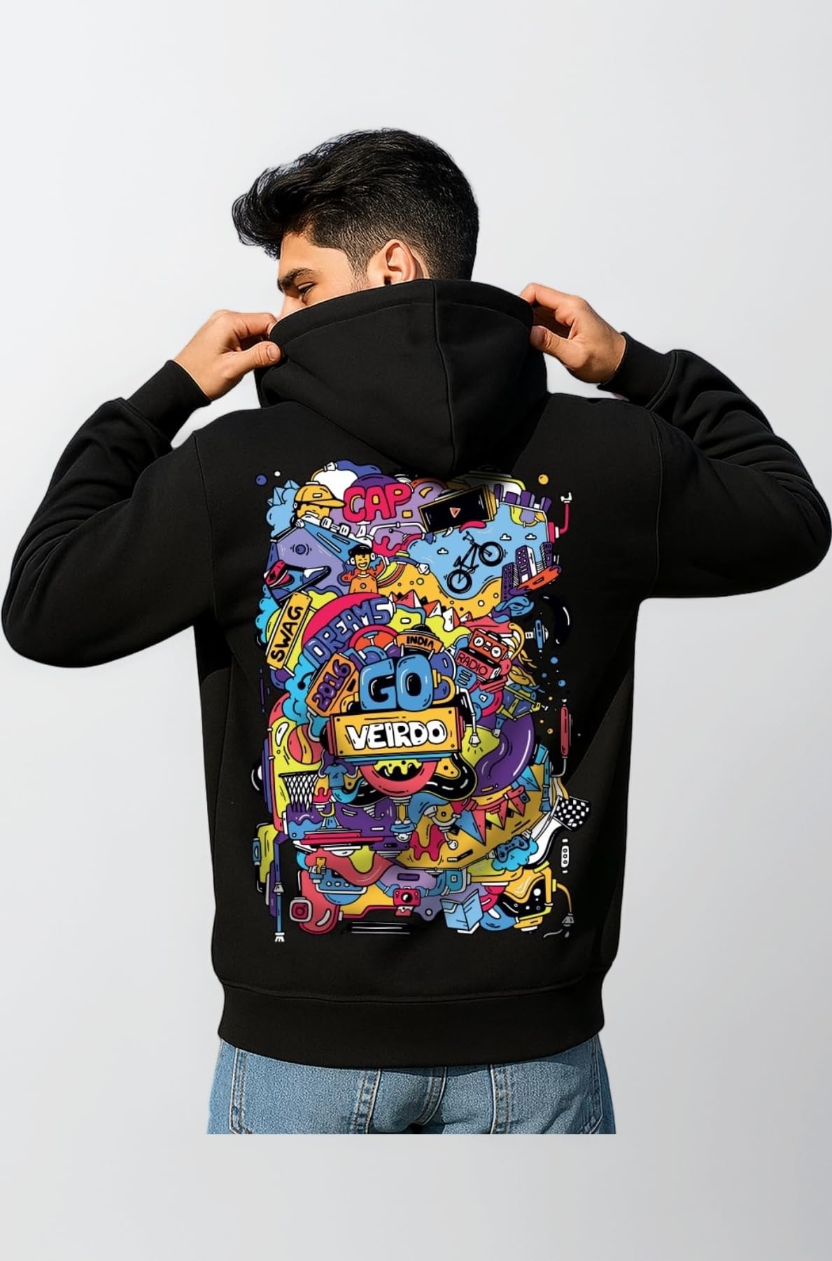 Veirdoยฎ Cotton Fleece Regular Fit Full Sleeve Hooded Sweatshirt Front and Back Graphic Printed Jumper Hoodie for Men