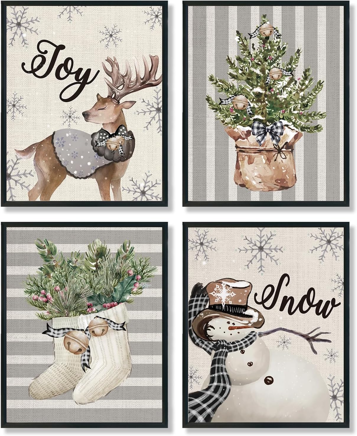 ulegie vintage rustic christmas reindeer snowman stockings wall prints set of 4, christmas wall decor, christmas posters wall art decor for living room bedroom, 8x10 inches unframed