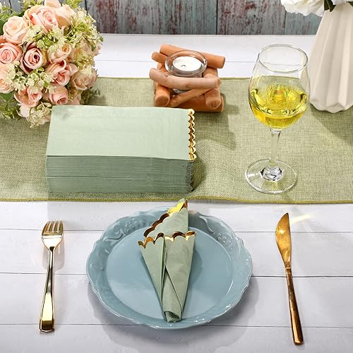 Miniatura 4 de Panelee 100 servilletas de papel verde salvia con borde festoneado dorado y bordes festoneados, toallas de mano desechables verdes para boda,