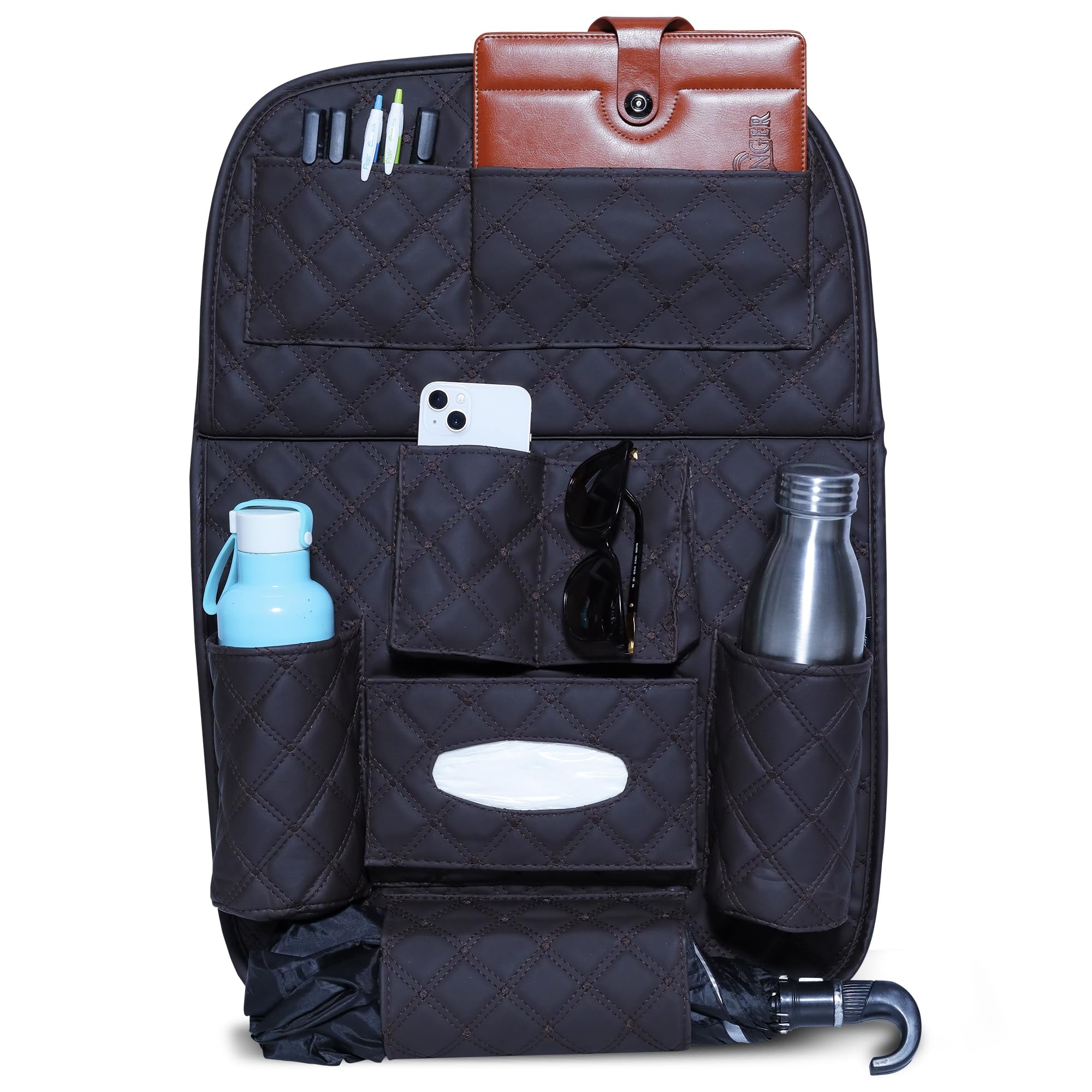 NEODRIFT 'Seat Master' Premium 7D Car Seat Organizer with Folding Meal Tray, Universal Fit, Multi-Pocket Storage for Bottles, Keys, Documents, Mobile, Tissues (Color: Coffee) (Set of 2)-image-19