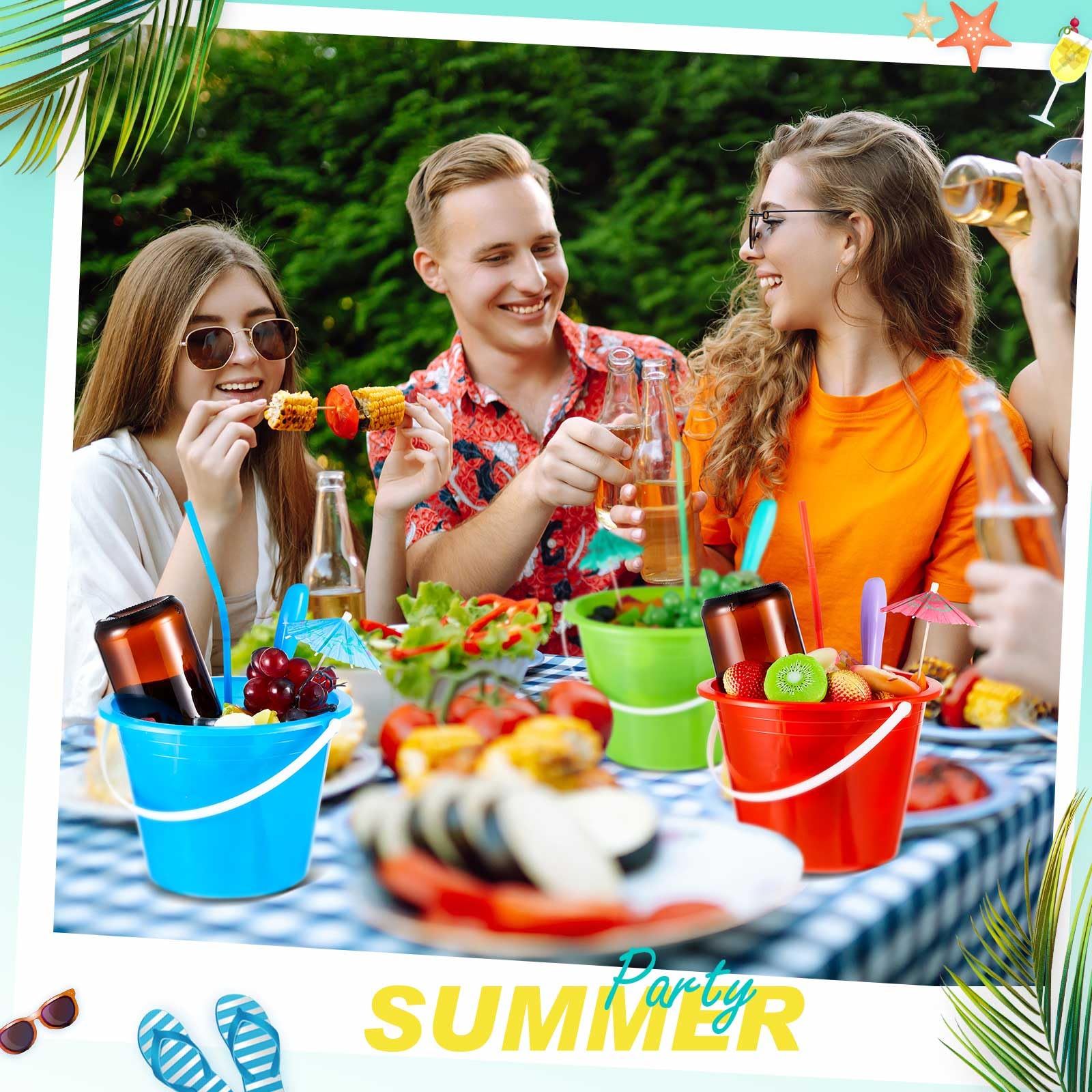 Juego de 15 cubos de plástico para ron de 68 onzas, cubos de hielo para cóctel, cubos grandes para bebidas con pajitas y palas, paraguas con asa para fiesta de verano, bar, vino, cerveza 5