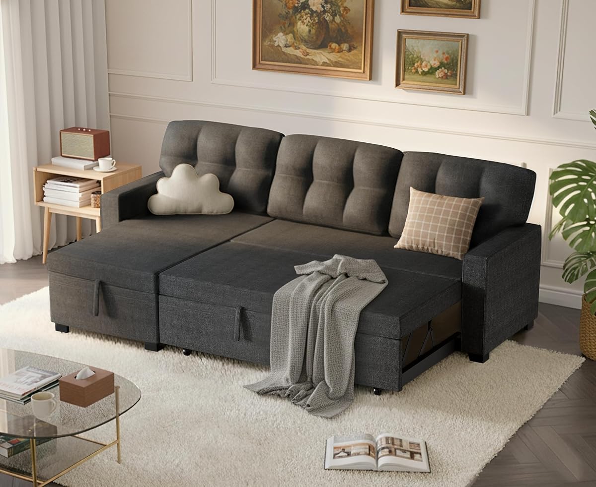 Pull Out Couch, 82'' Sectional Sofa with Reversible Chaise, L-Shaped Modular Couches, Sleeper Sofa Bed for Living Room, Apartment, Office | Hidden Storage | Linen Fabric | Dark Gray