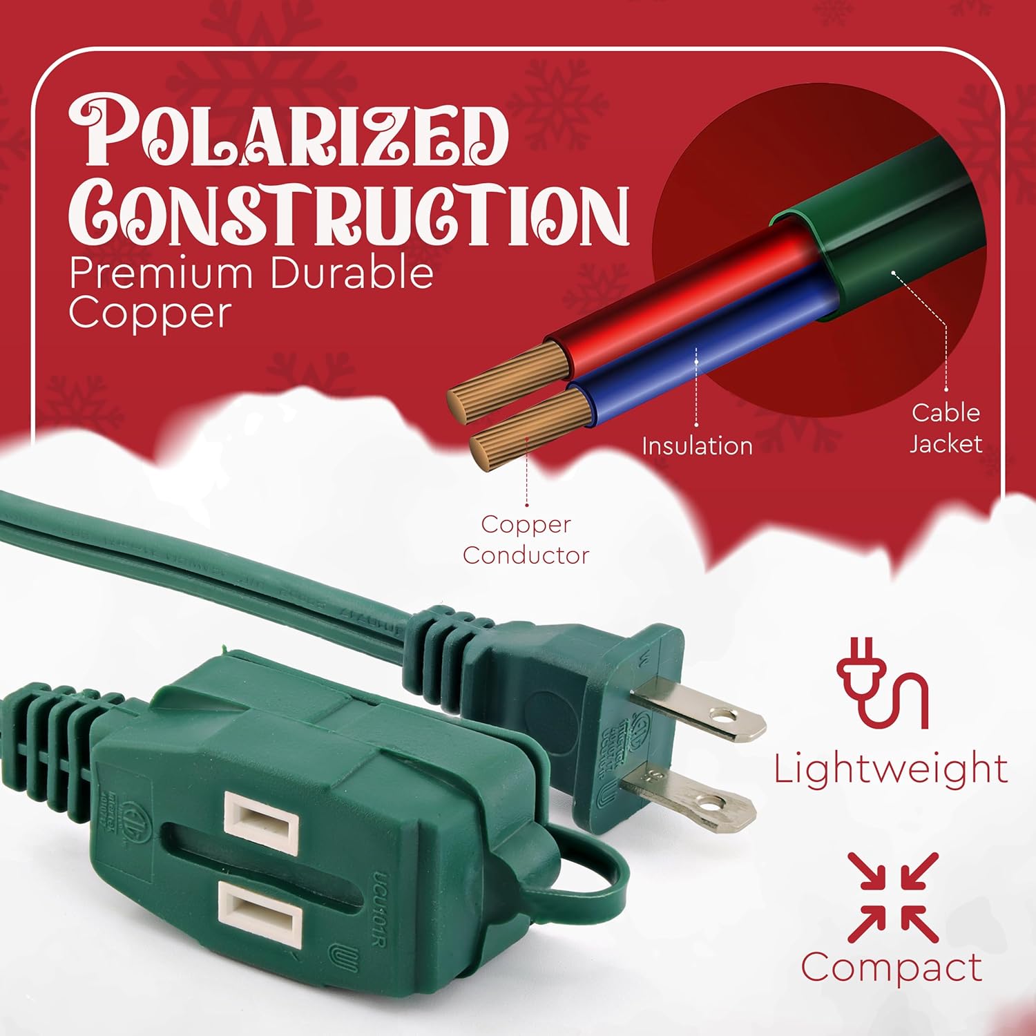 15 Feet Green Extension Cord for Christmas Tree, 3 Outlet, 2 Prong, 16 Gauge Cable, 3 Receptacle Cube Tap, Indoor use (Pack of 2) - by Revpex