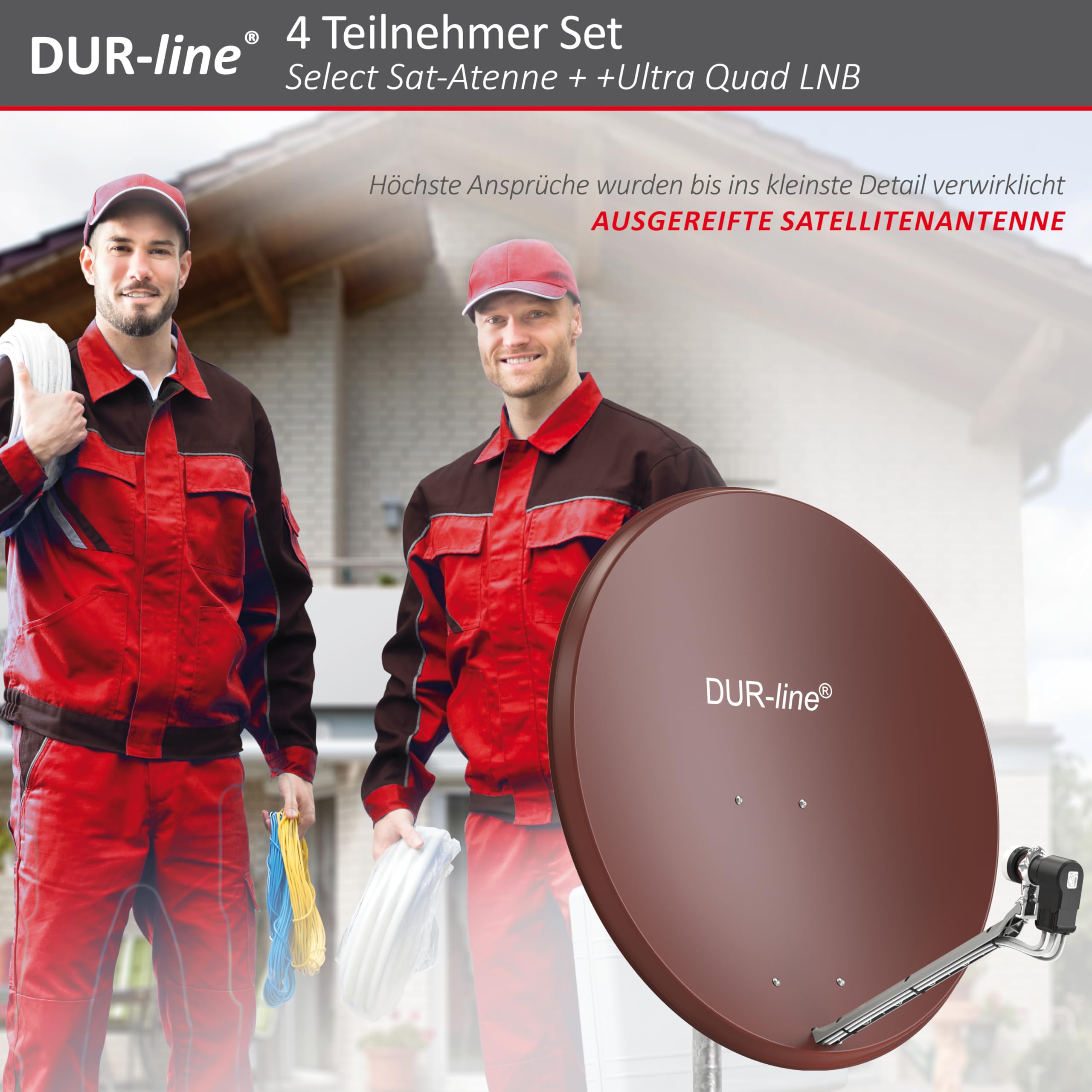 DUR-line 4 Teilnehmer Set - Qualitäts-Alu-Satelliten-Komplettanlage - Select 85cm/90cm Spiegel/Schüssel Rot + Quad LNB - für 4 Receiver/TV [Neuste Technik, DVB-S2, 4K, 3D]