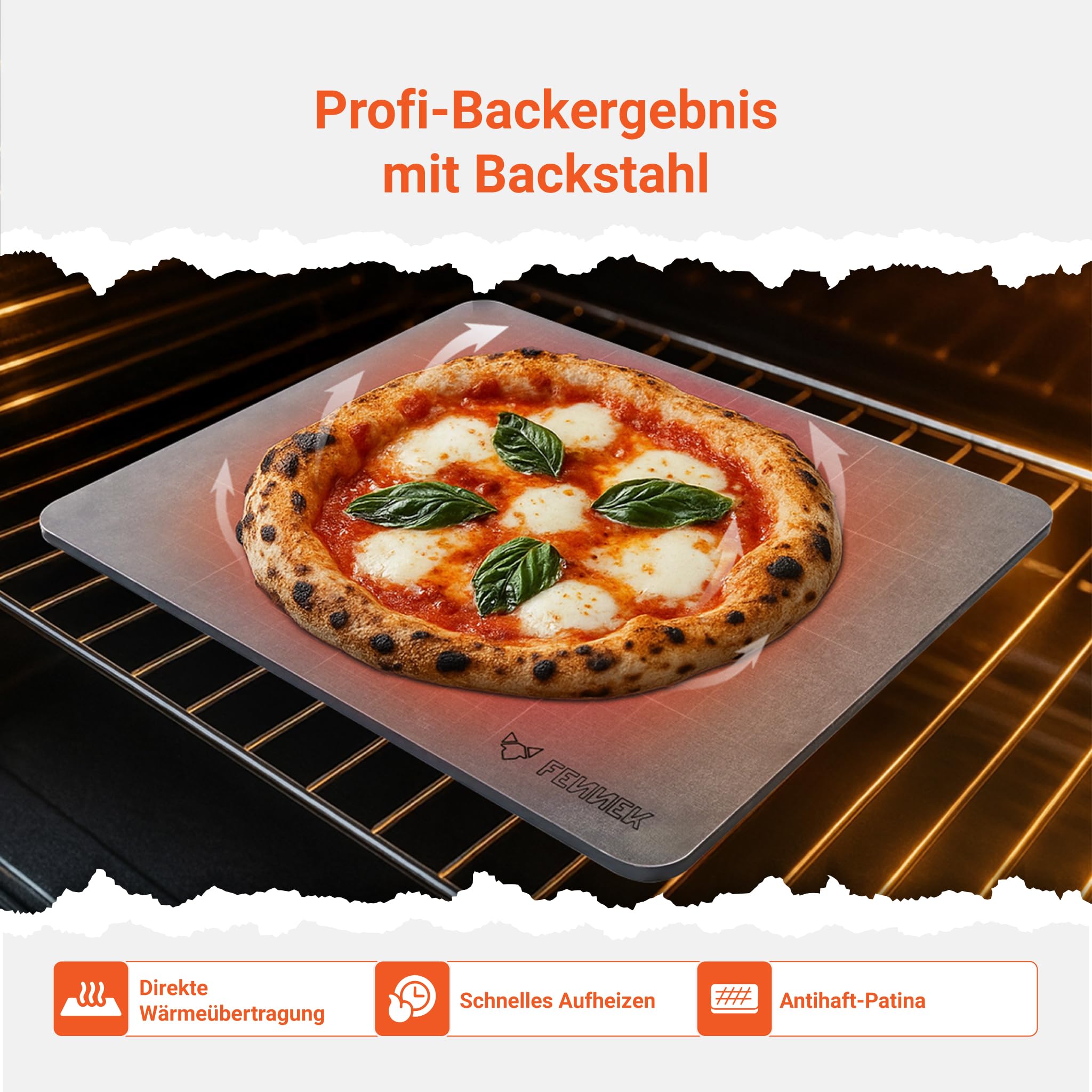 FENNEK Backstahl 38 x 33 x 0,8 cm | aus 8,0 mm starkem Feinkornstahl | Backe Pizza, Brot und vieles mehr wie ein Profi! | Made in Germany