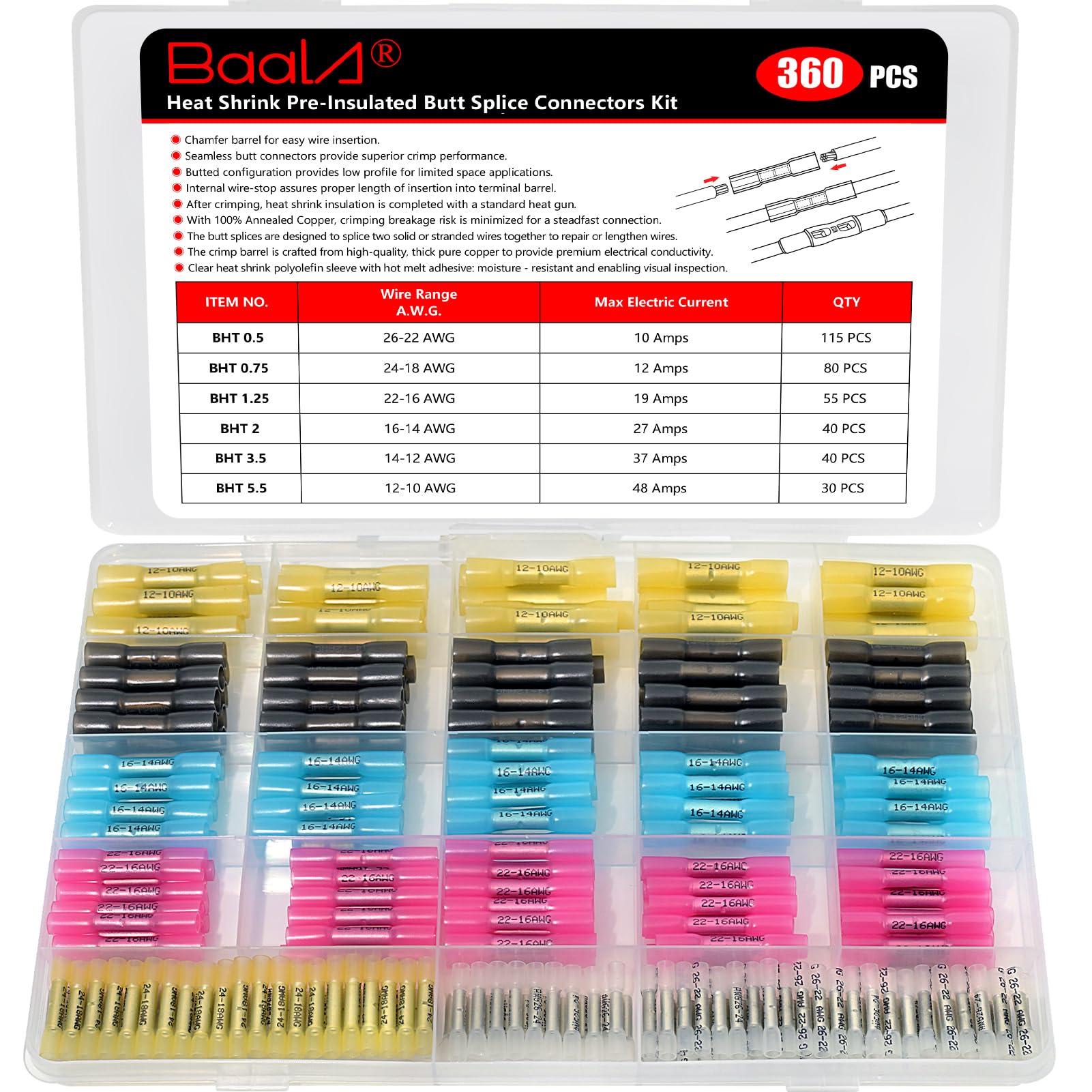 BAALA 360 PCS Heat Shrink Butt Connectors Kit, 26-10 Gauge Tinned Copper Butt Terminals Wire Connectors, Marine Grade Waterproof Electrical Crimp Butt