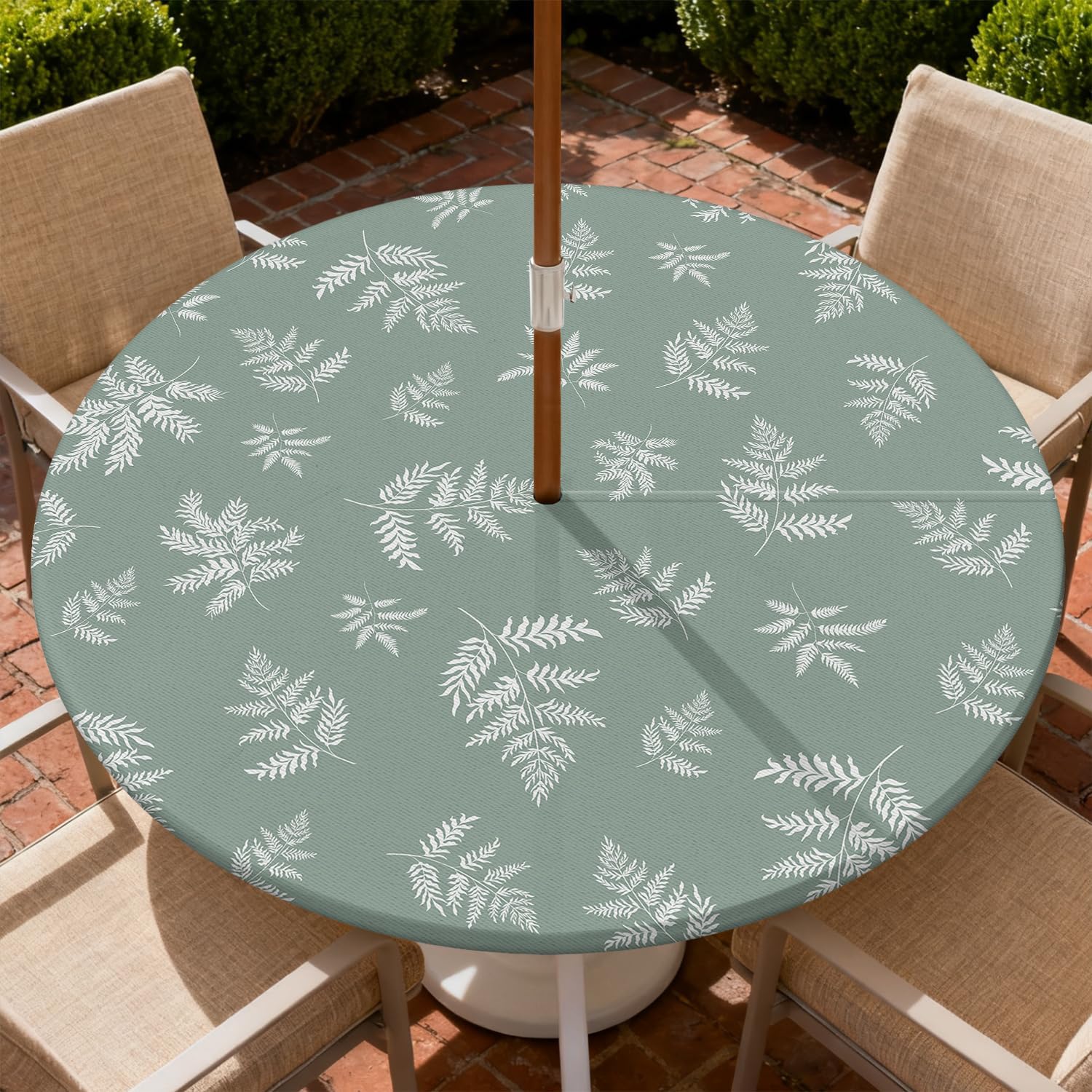 Round Outdoor Tablecloth with Zipper and Umbrella Hole, Fitted Table Cloth with Elastic, Oil Waterproof Tablecover for Patio Picnic Camping Garden Fits 49"-52" Round Table, Leaf