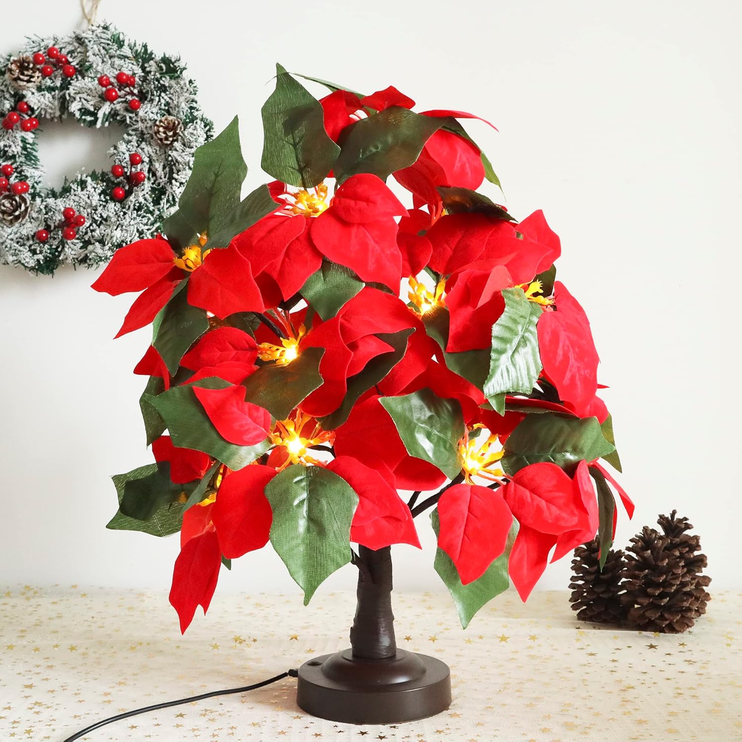 18 LED Poinsettia Tree Lamp Artificial Red Flower Led Tree Light with 8 Lighting Modes USB/Battery Operated for Home Christmas Festival Decoration (Warm White)