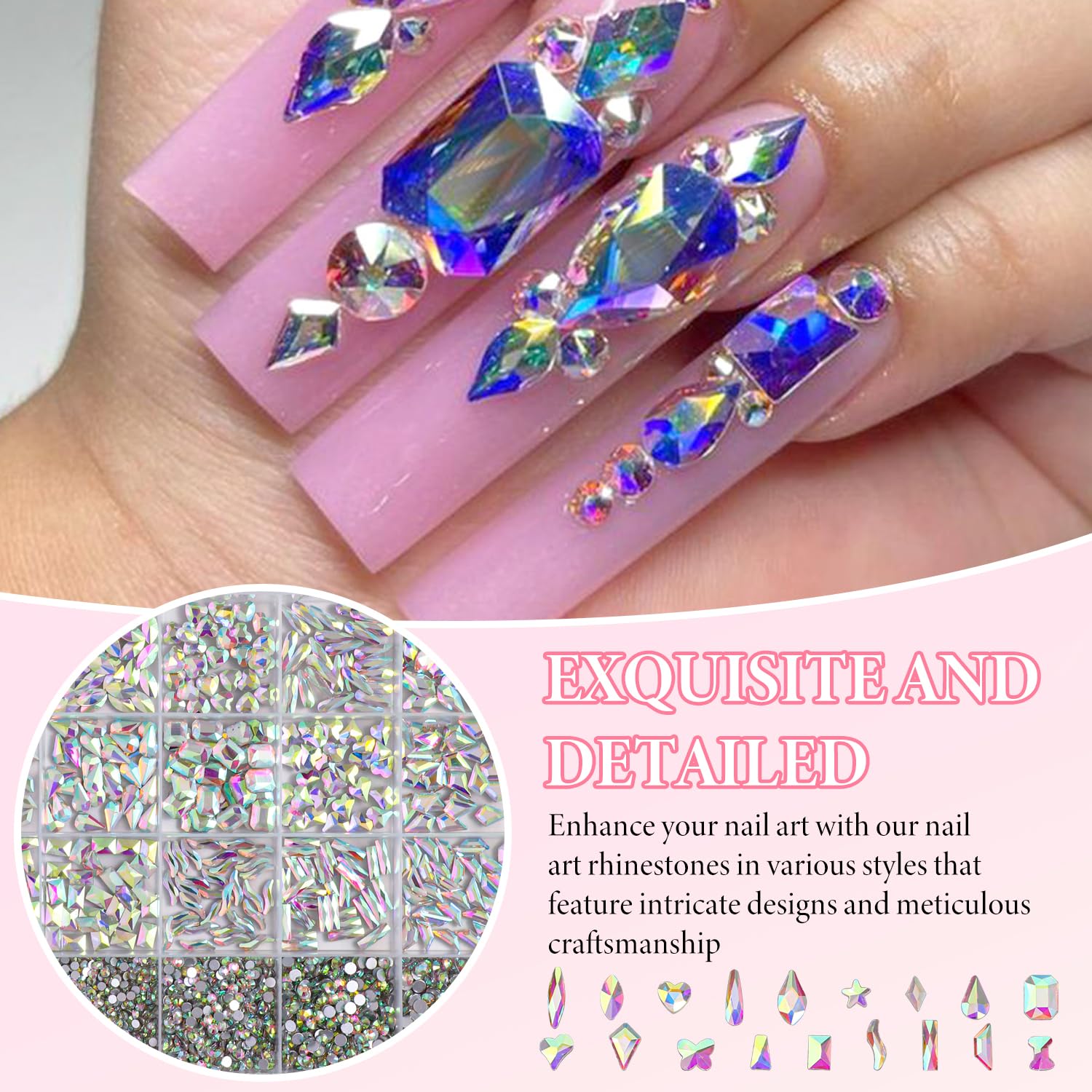 AB-Colors - Kit di strass per nail art, con retro piatto | Strass di cristallo AB con retro piatto, multi forme, diamanti per nail art, artigianato, vestiti, scarpe, gioielli