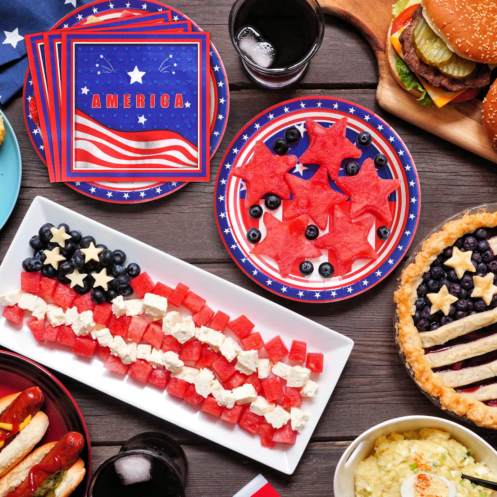 Mumufy 100 piatti e tovaglioli patriottici con bandiera americana, forniture per feste del 4 luglio, piatti di carta usa e getta per festa dei veterani, decorazione per il giorno dell'indipendenza