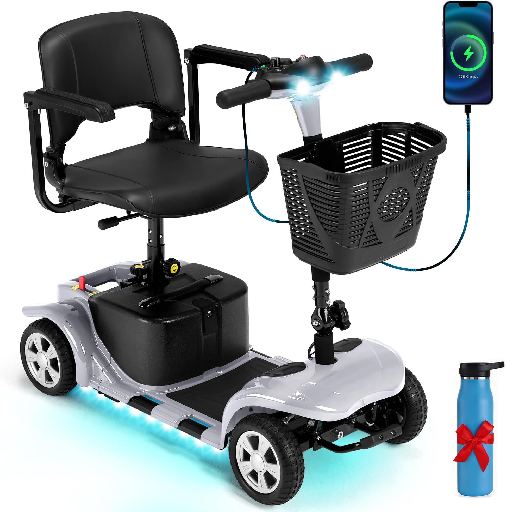 Mobility Scooters for Seniors, Adults, 15 Miles Electric Powered Mobility Scooters, 4 Wheels Foldable Mobility Scooter with USB Interface & Detachable Battery, Charger Include (Silver)