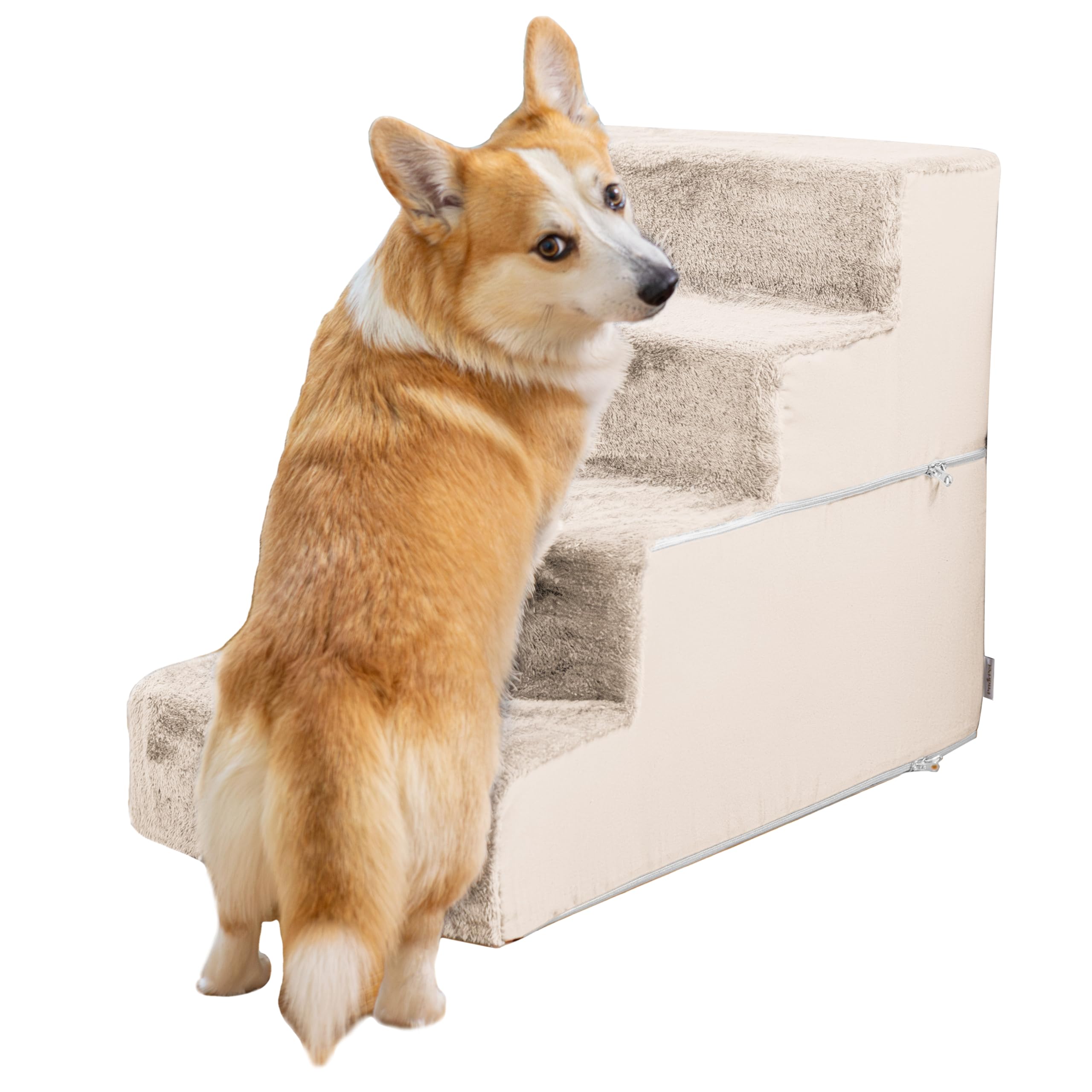 Gradini per Cuccia - Rampa per Cani a 4 Gradini - Scaletta per Cani in Schiuma ad Alta Densità da 58 cm per Cani di Piccola Taglia - Gradini per Animali Domestici Sicuri e Stabili - Bianco Crema
