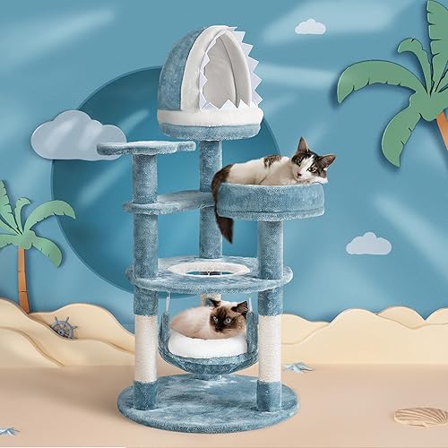 Miniatura 3 de Yaheetech Árbol para gatos con temática oceánica de 45.5 pulgadas, torre para gatos de varios niveles, muebles de felpa para mascotas con nido en