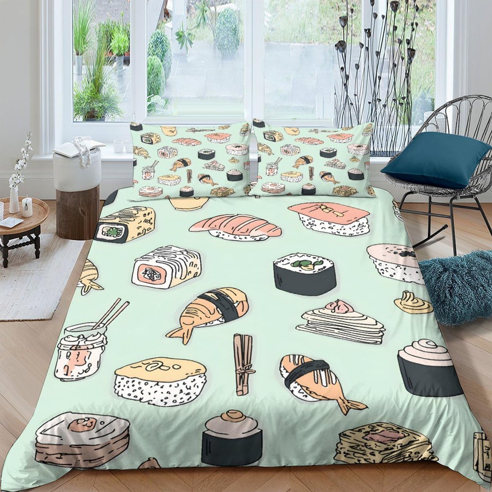 Ctjqhvkz Style-6 3D Printed Sushi Art Fitted Sheet Microfiber Soft Washable Japanese Food Bed Cover For Bedroom Dorm Mattress Decor Single（135X200cm）