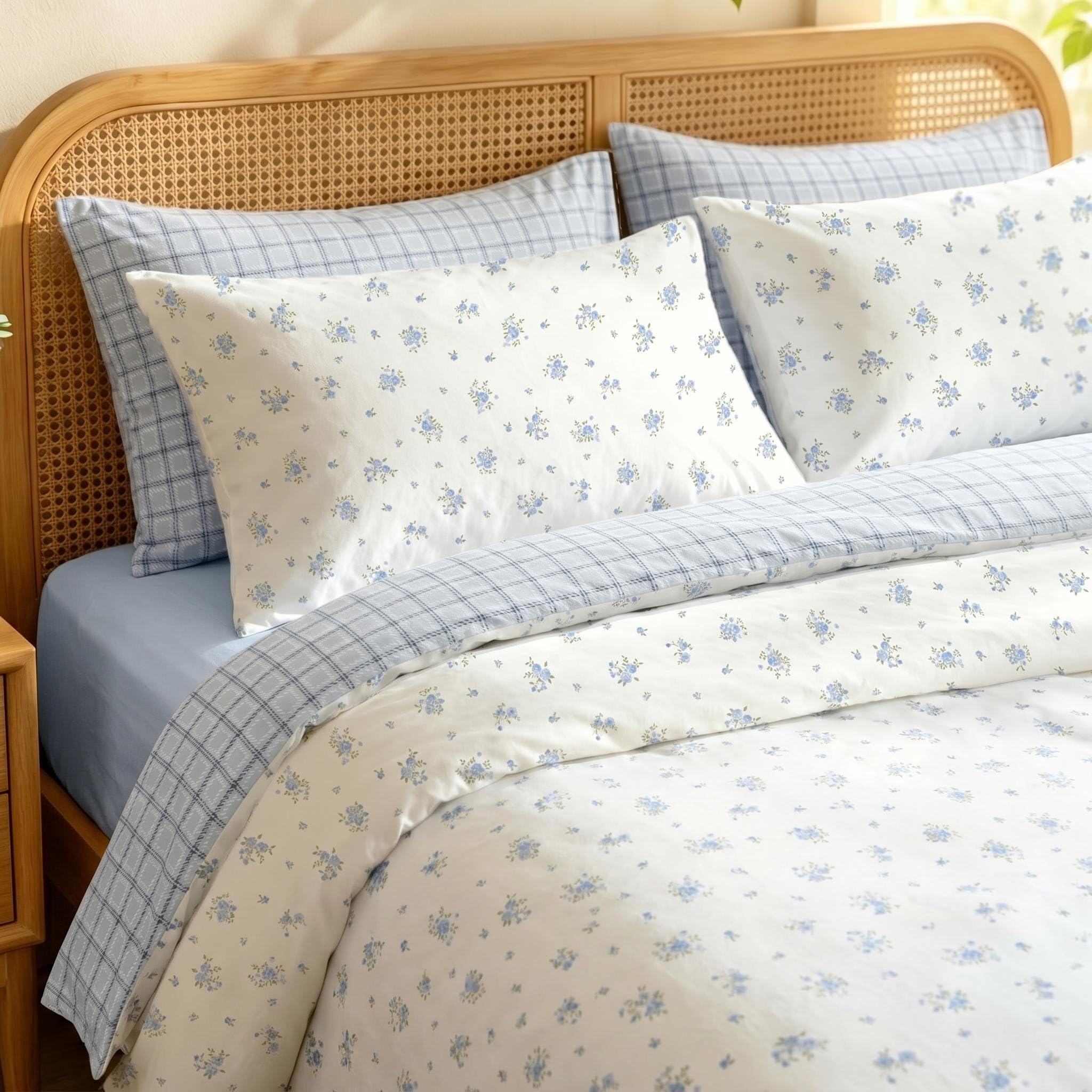 Freyamy Bettwäsche 155x220cm 2teilig Weiß Hellblau Blumen Bettwäsche-Set
