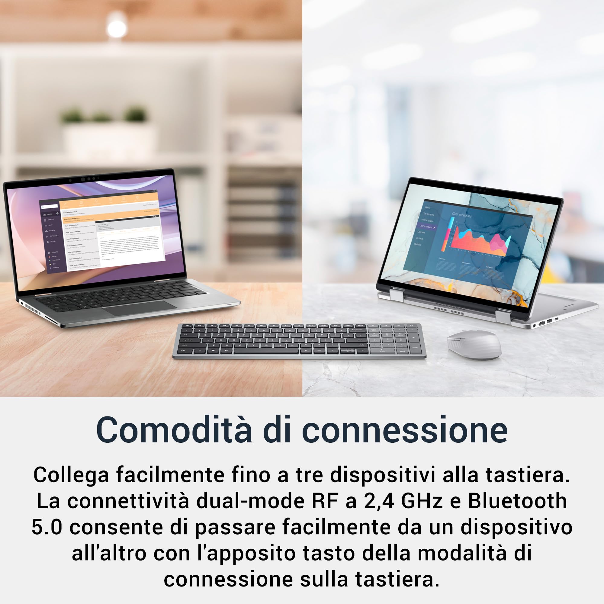 Dell KB740 Tastiera Compatta Senza Fili Multi-Device – QWERTY, Bluetooth 5.0 e RF 2.4 GHz, Tasti Programmabili, Crittografia AES-128, Batteria 36 Mesi, Windows, Mac, Linux, ChromeOS e Android, Gray