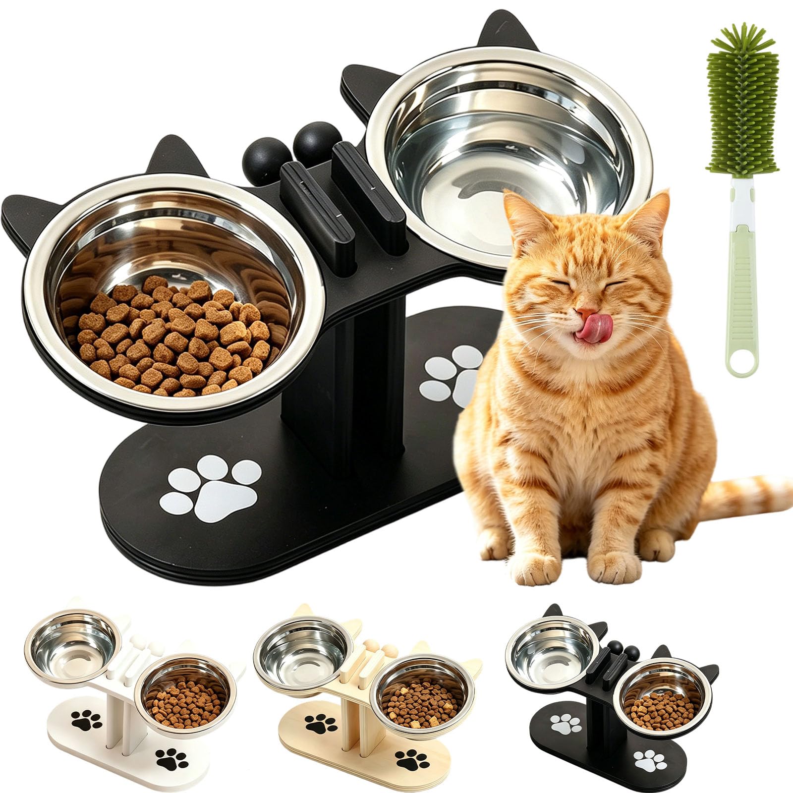 2026 Upgarde Anti-Slip Elevated 3-Bowl Pet Feeder, Cat Bowls With Stand Tilted, Stainlesssteel Cat Feeding Station, Elevated Cats Bowls With Wooden Base, Pet Feeding Station For Food & Water (A)